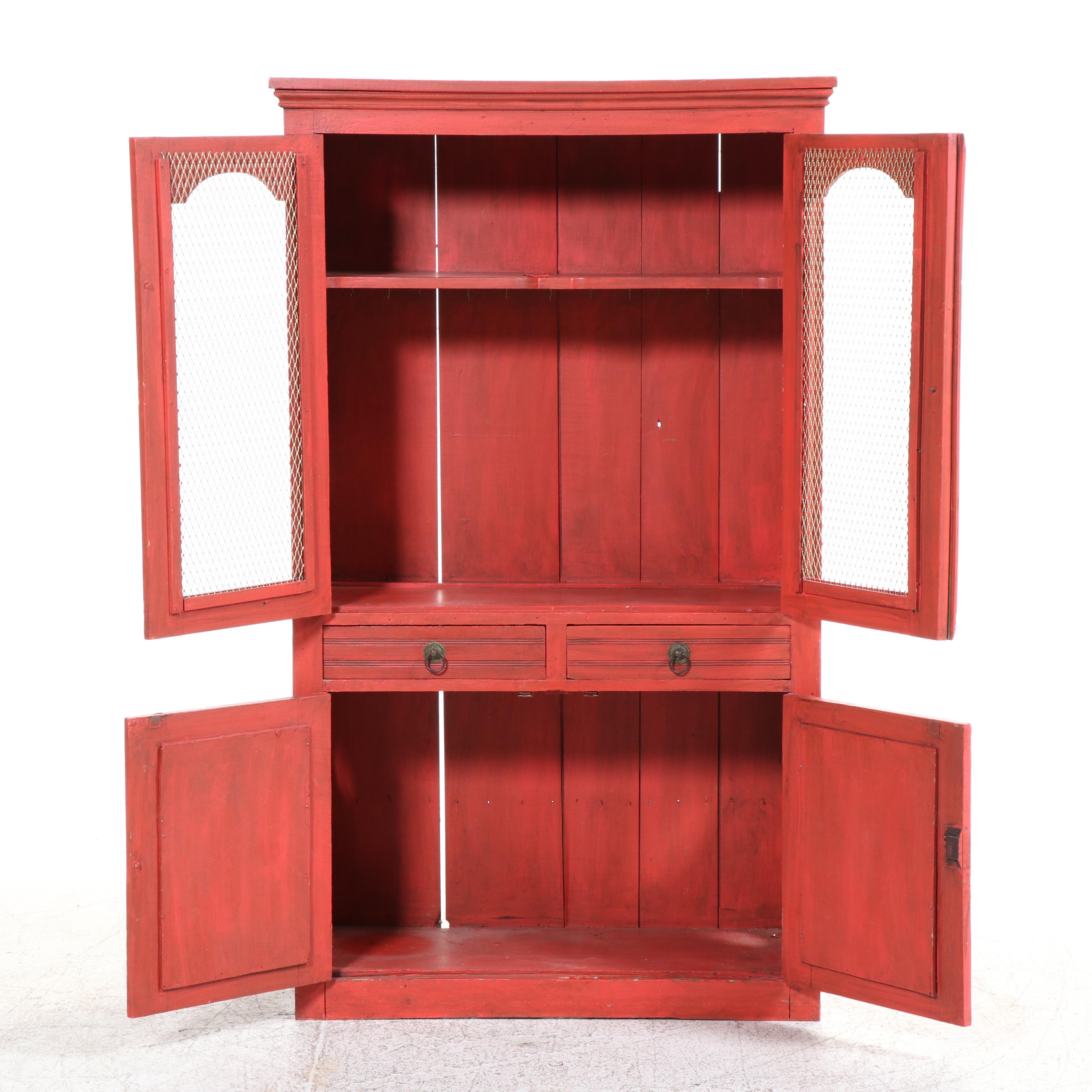 American Primitive Red-Painted Pie Safe Cupboard, Late 19th Century