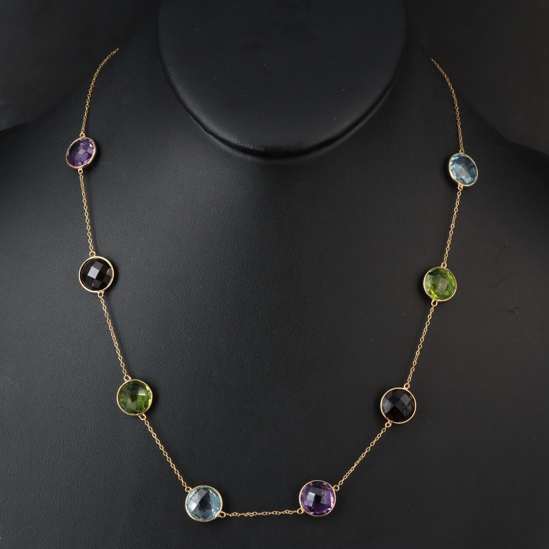 14K Multi-Gemstone Station Necklace Including Amethyst, Peridot and Topaz