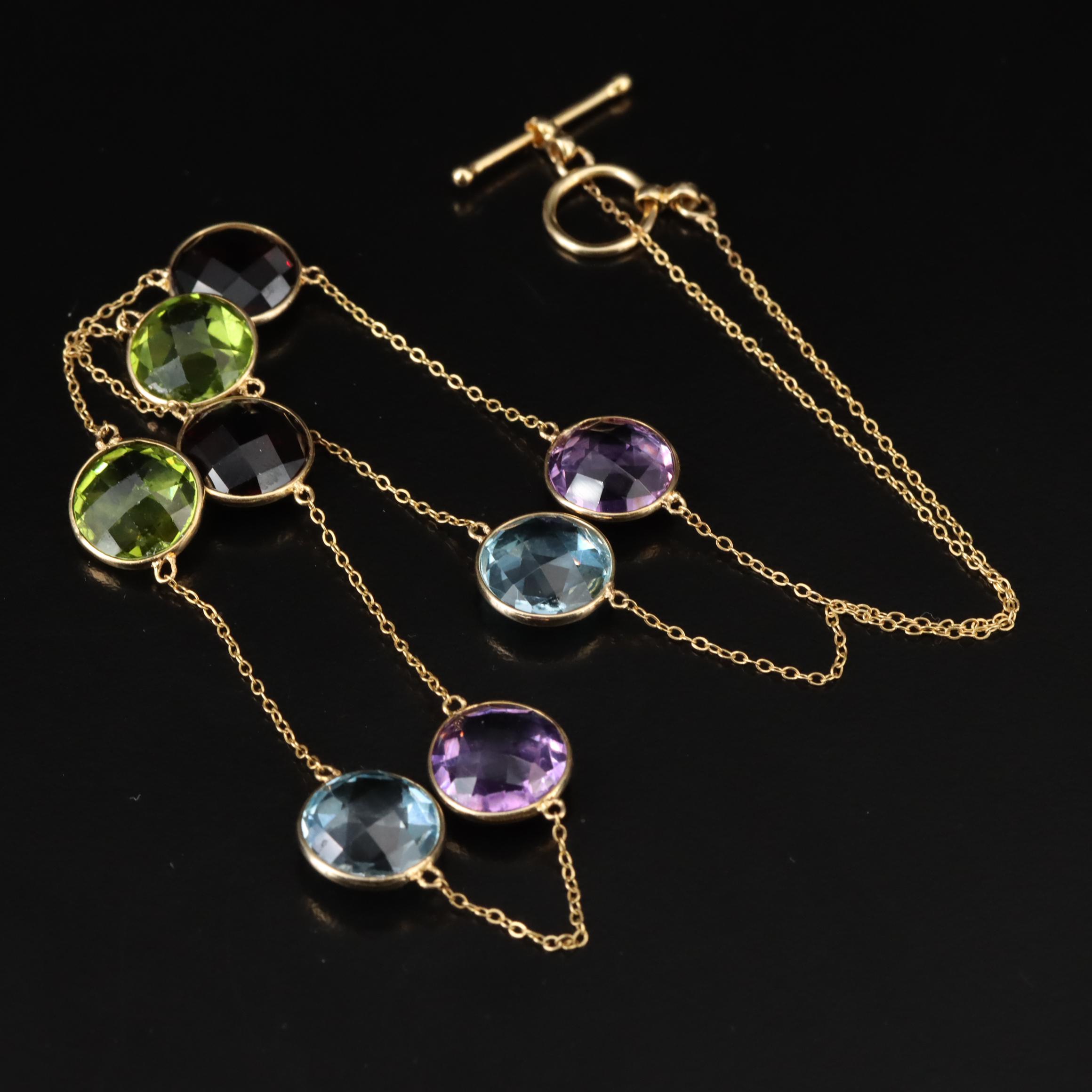 14K Multi-Gemstone Station Necklace Including Amethyst, Peridot and Topaz