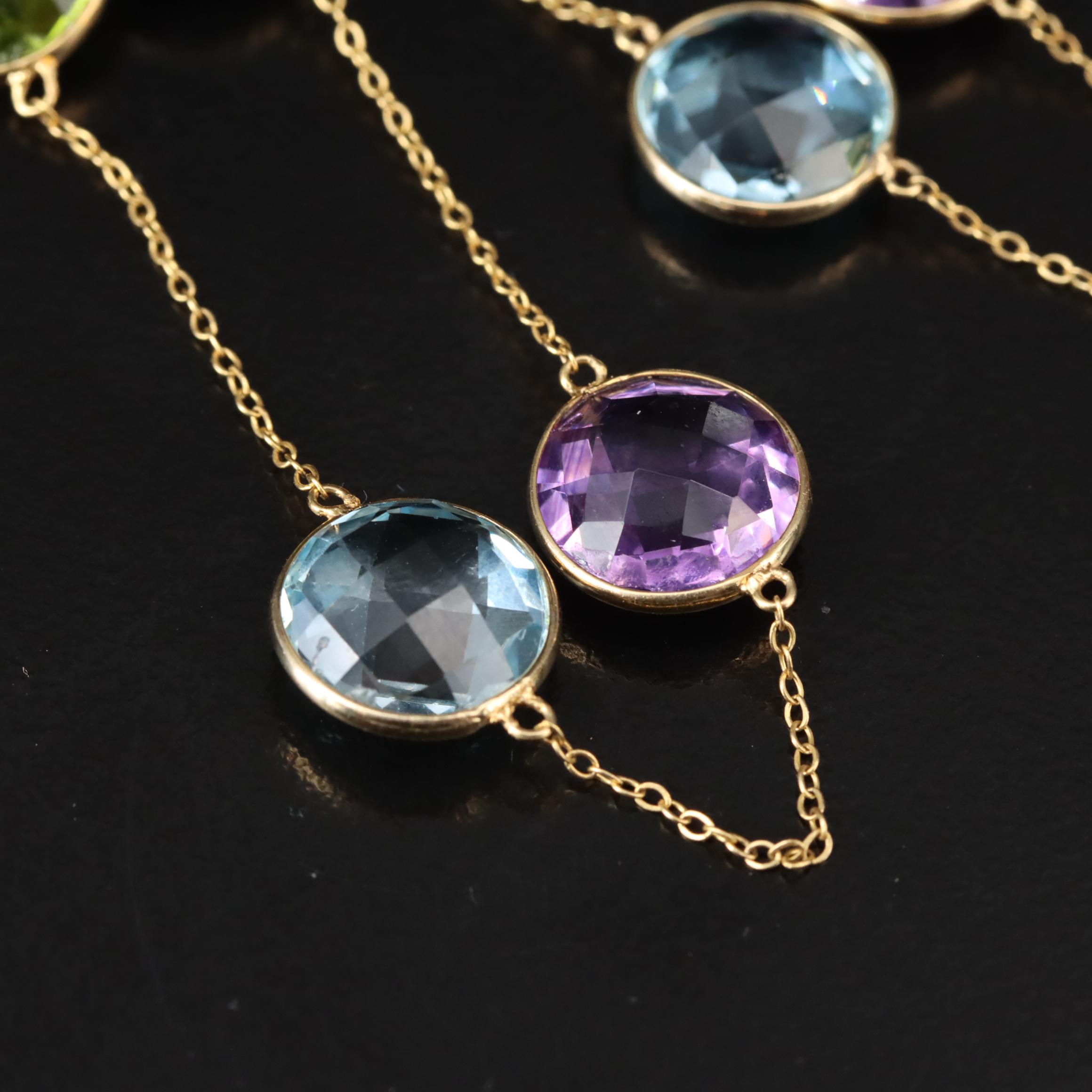 14K Multi-Gemstone Station Necklace Including Amethyst, Peridot and Topaz