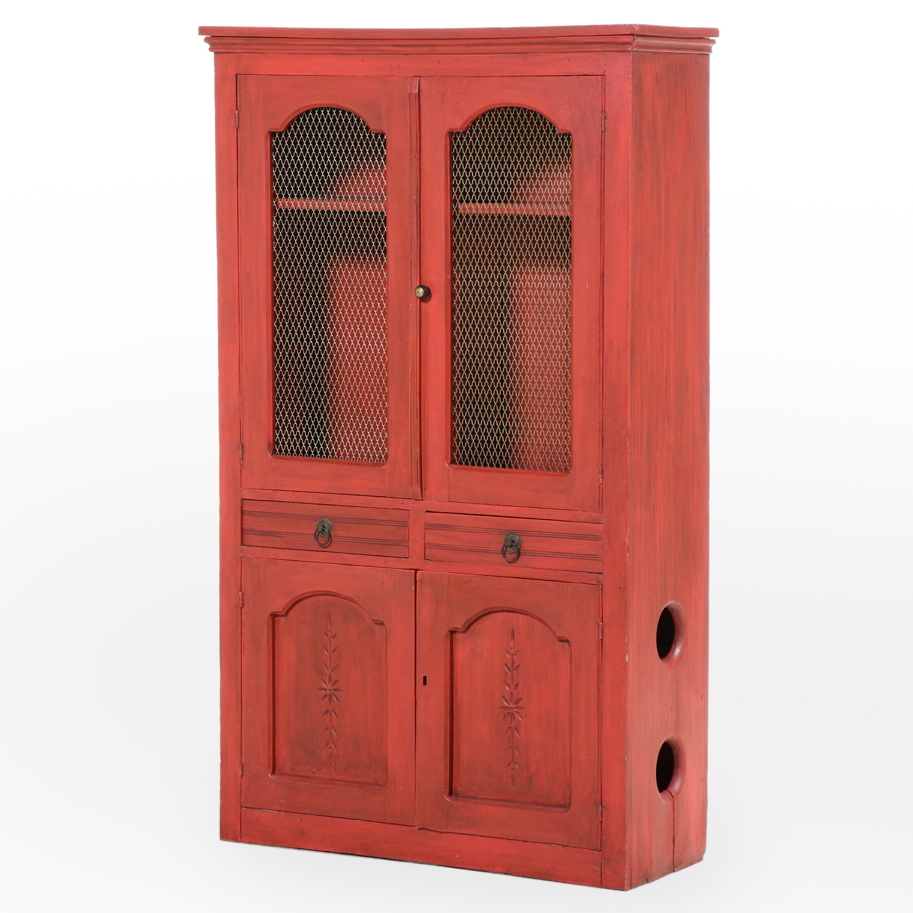 American Primitive Red-Painted Pie Safe Cupboard, Late 19th Century