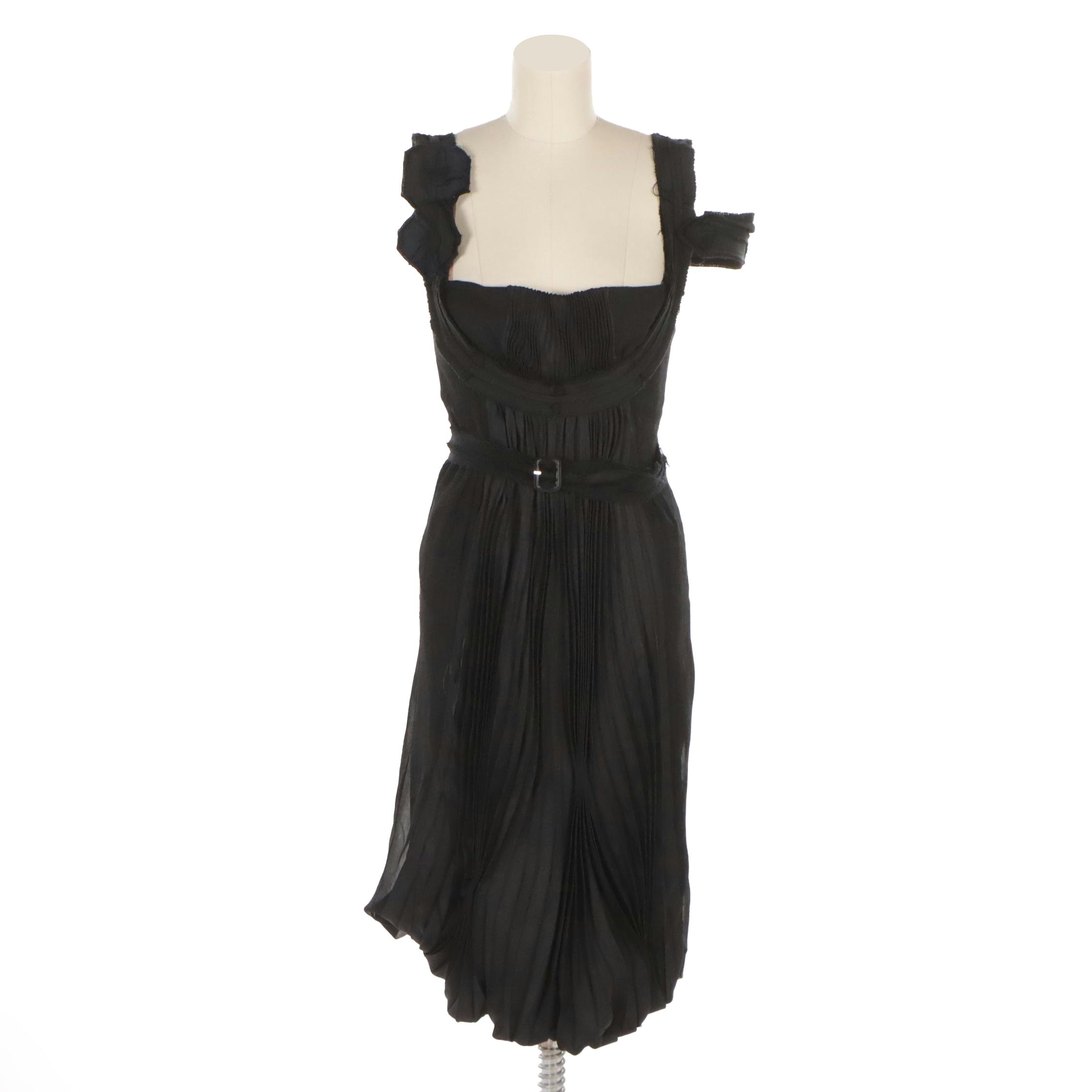 Prada Belted Cocktail Dress in Pleated Silk and Wool with One-Arm Band Detail