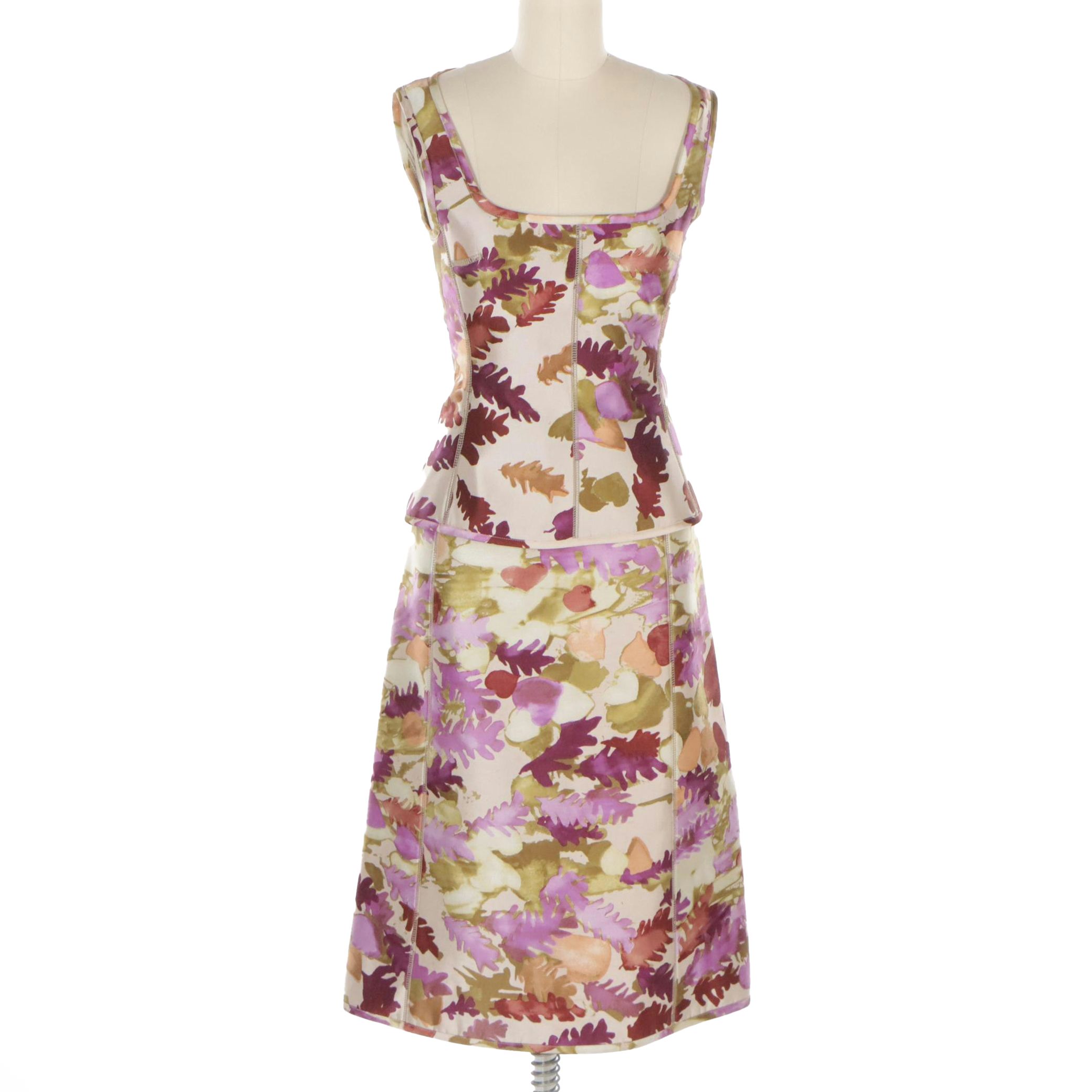 Prada Leaf Motif Polyester/Wool Midi Skirt and Top Set, 1999