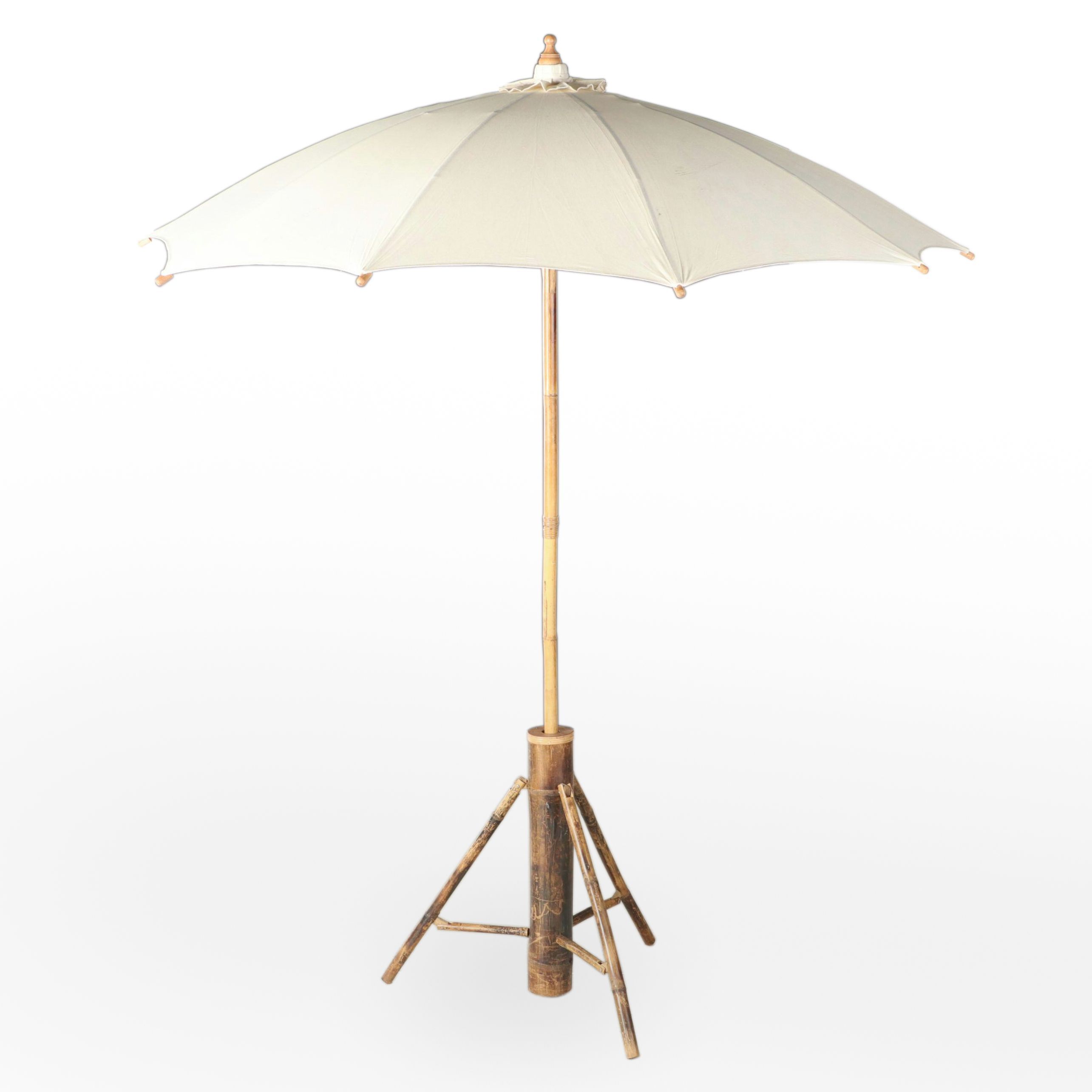 Bamboo, Wood and White Fabric Outdoor Umbrella