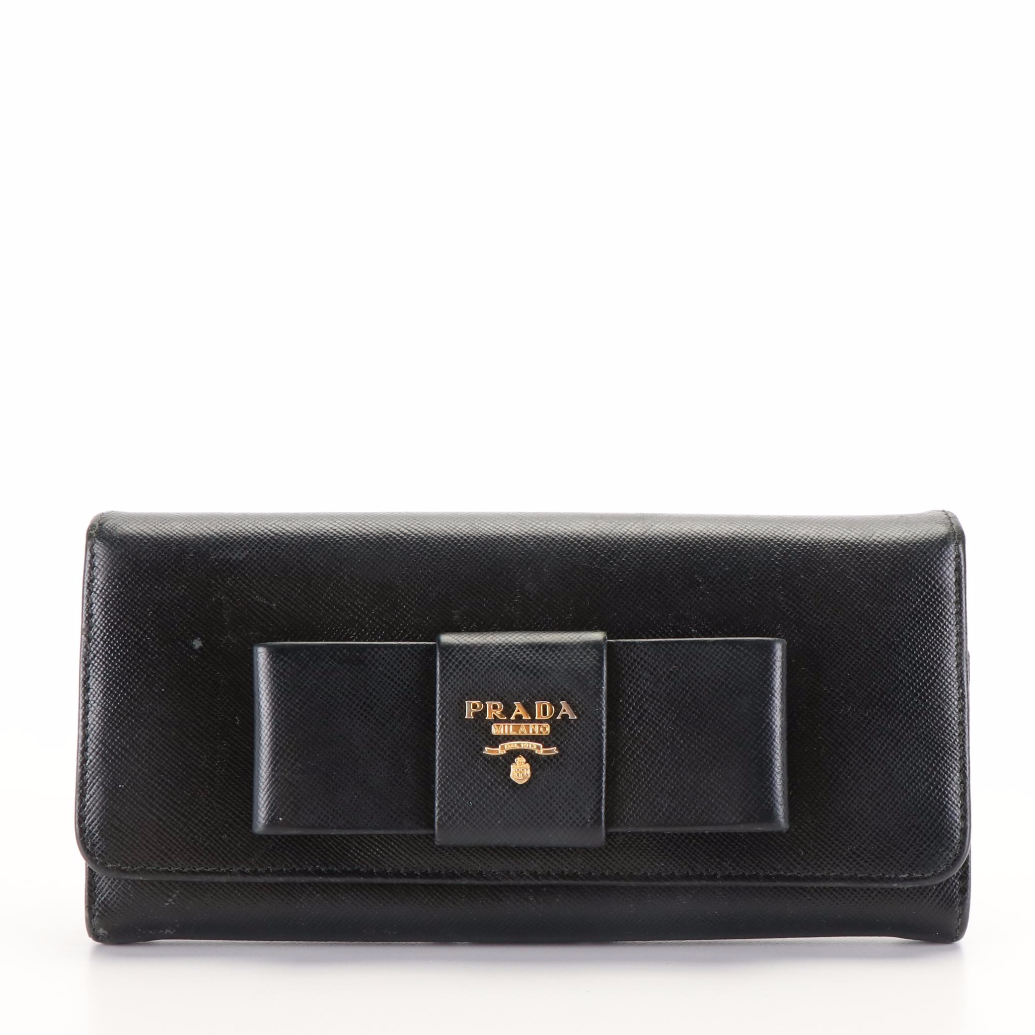 Prada Vara Bow Continental Wallet In Saffiano Black Leather
