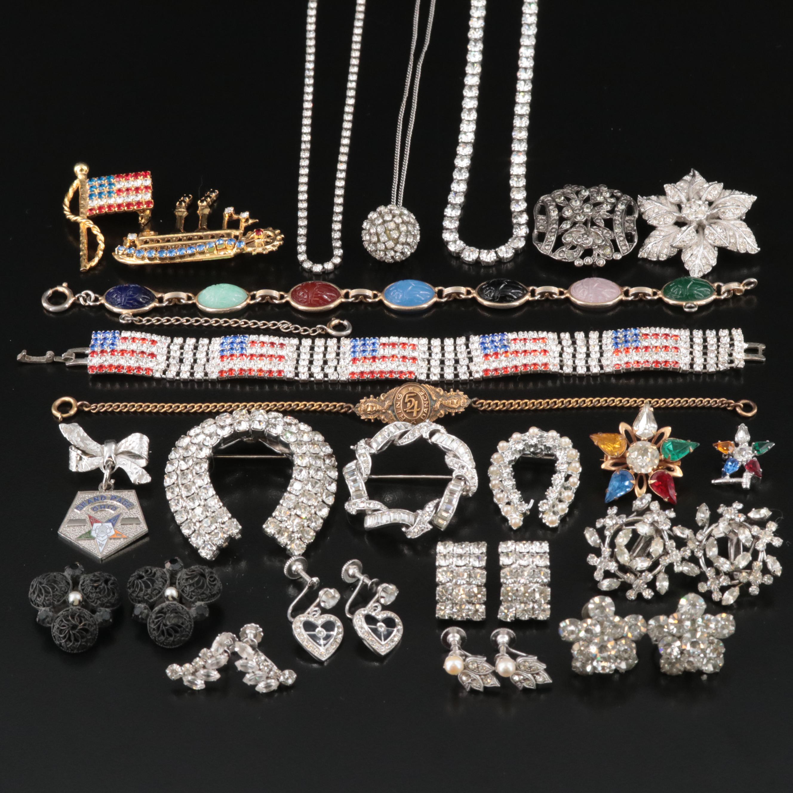 Vintage Jewelry Collection Including Rhinestones, Sterling and Scarab Bracelet