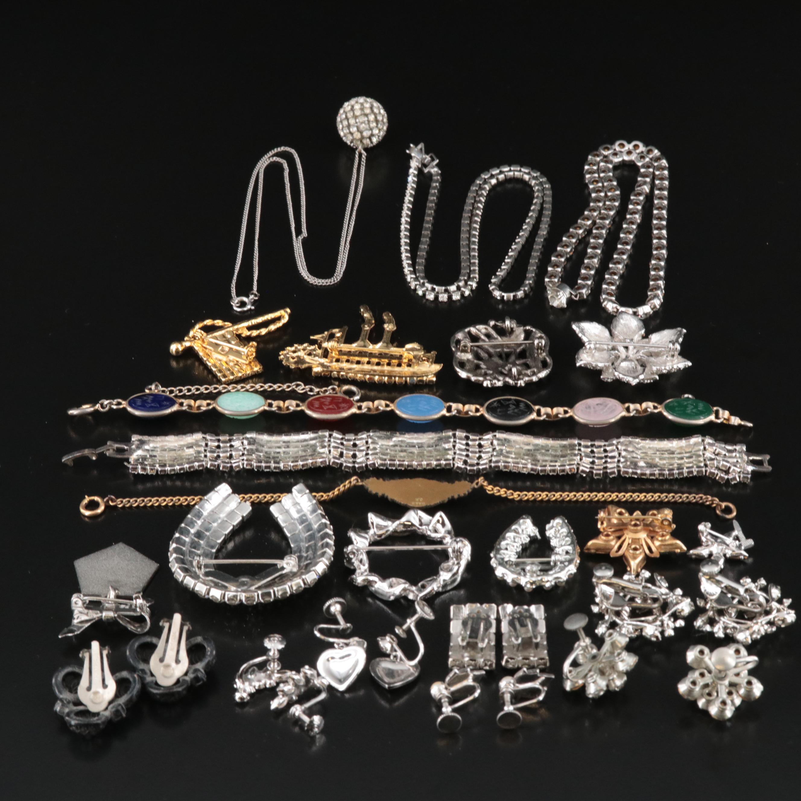 Vintage Jewelry Collection Including Rhinestones, Sterling and Scarab Bracelet