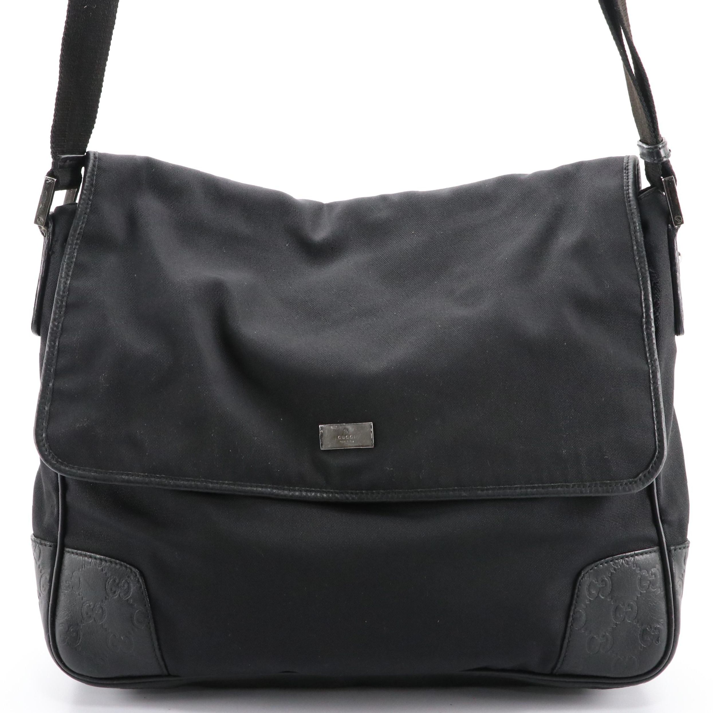 Gucci Front-Flap Messenger Bag in Black Canvas and Guccissima Leather Trim