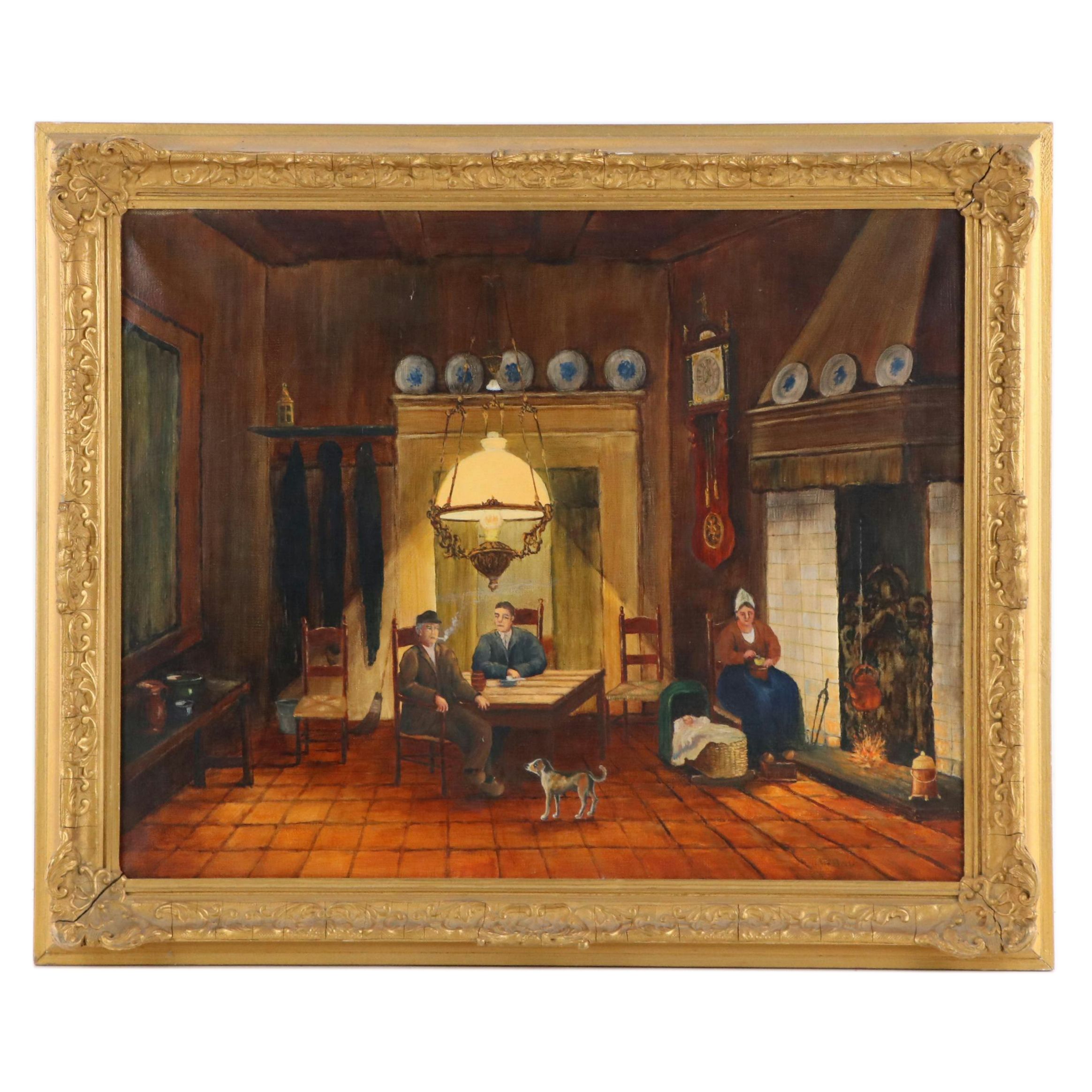 Genre Oil Painting of Figures in Interior Scene