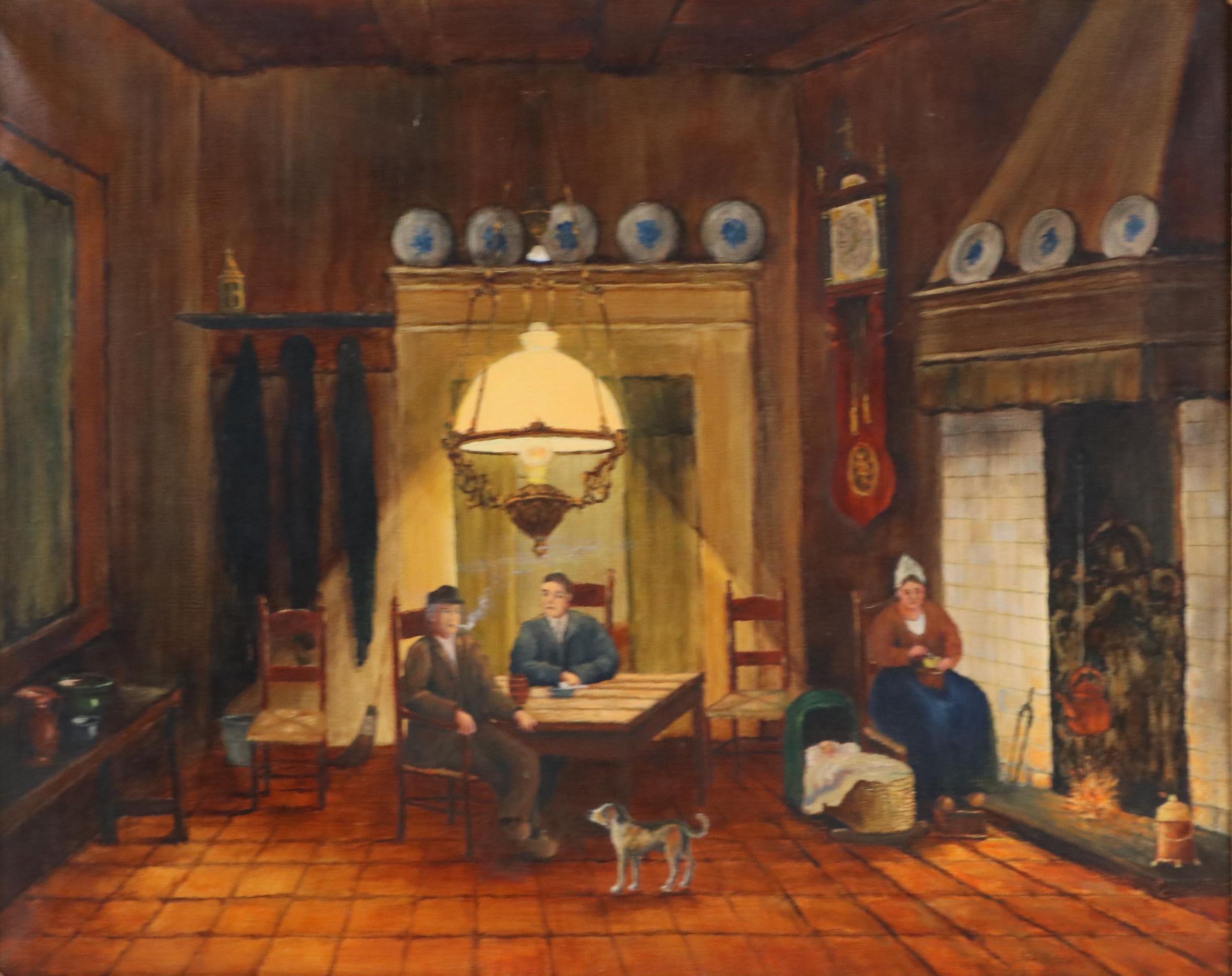 Genre Oil Painting of Figures in Interior Scene
