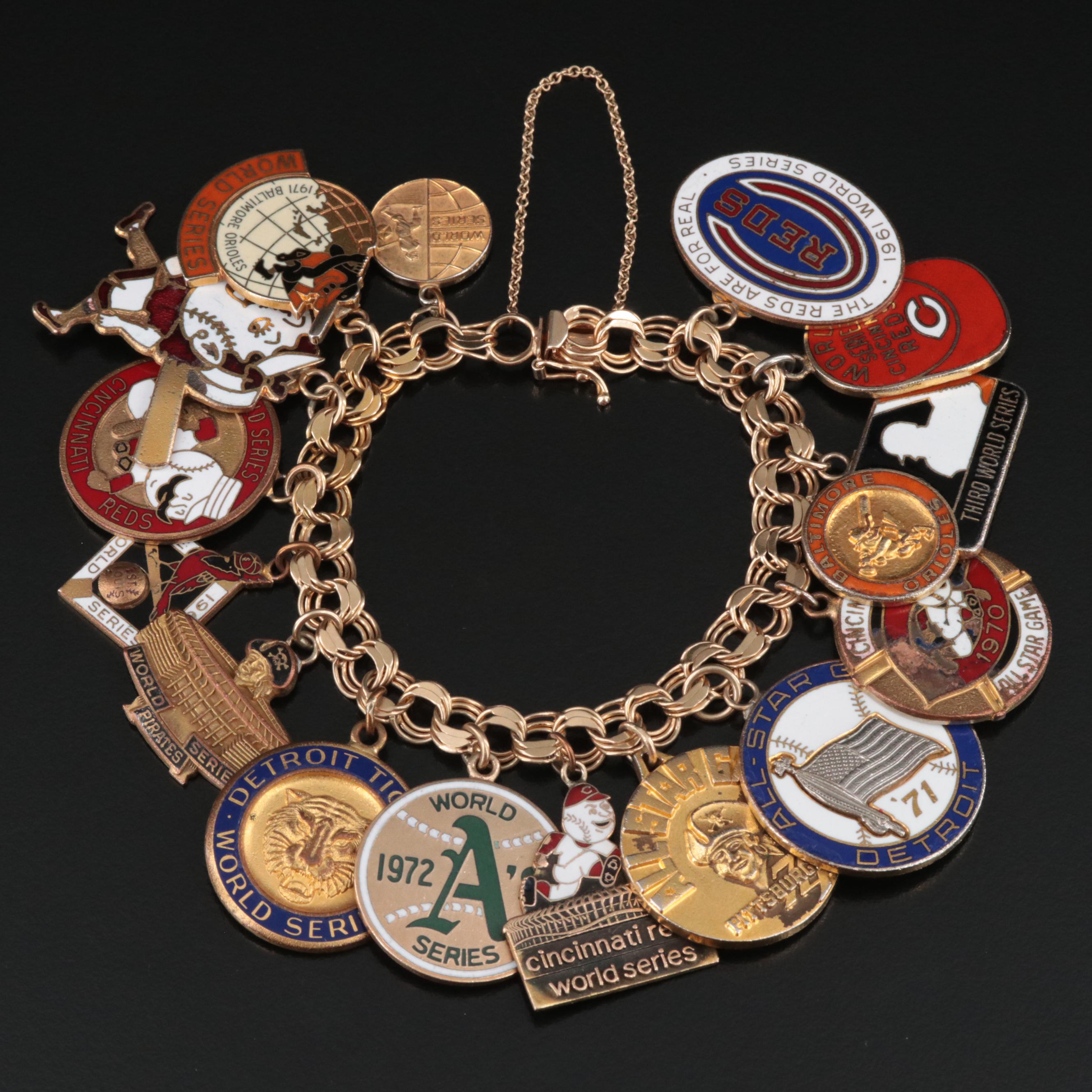 Vintage 14K Bracelet with Baseball Charms Featuring Cincinnati Reds