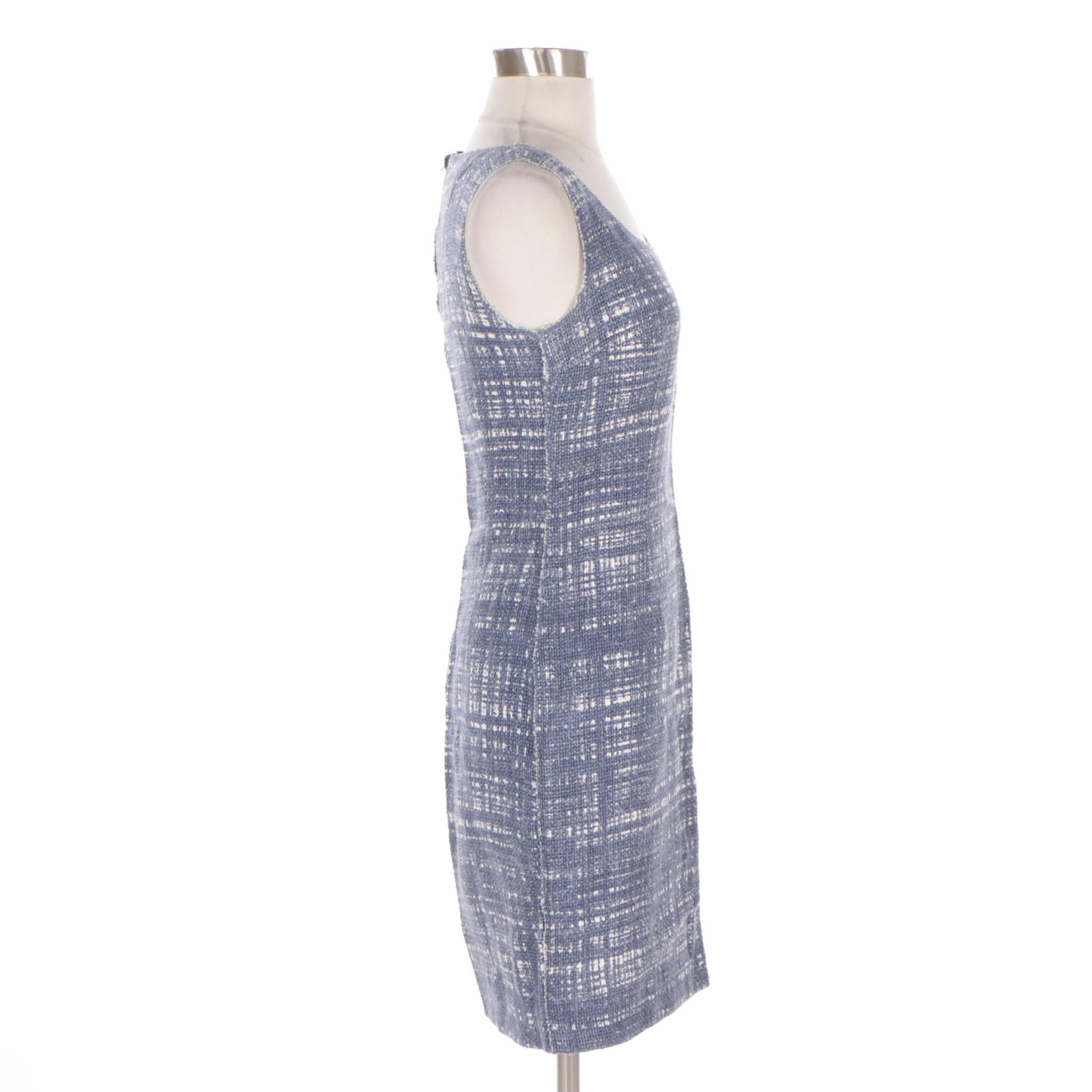 Prada Cotton Blend Tweed Sleeveless Dress in Chambray Blue/White