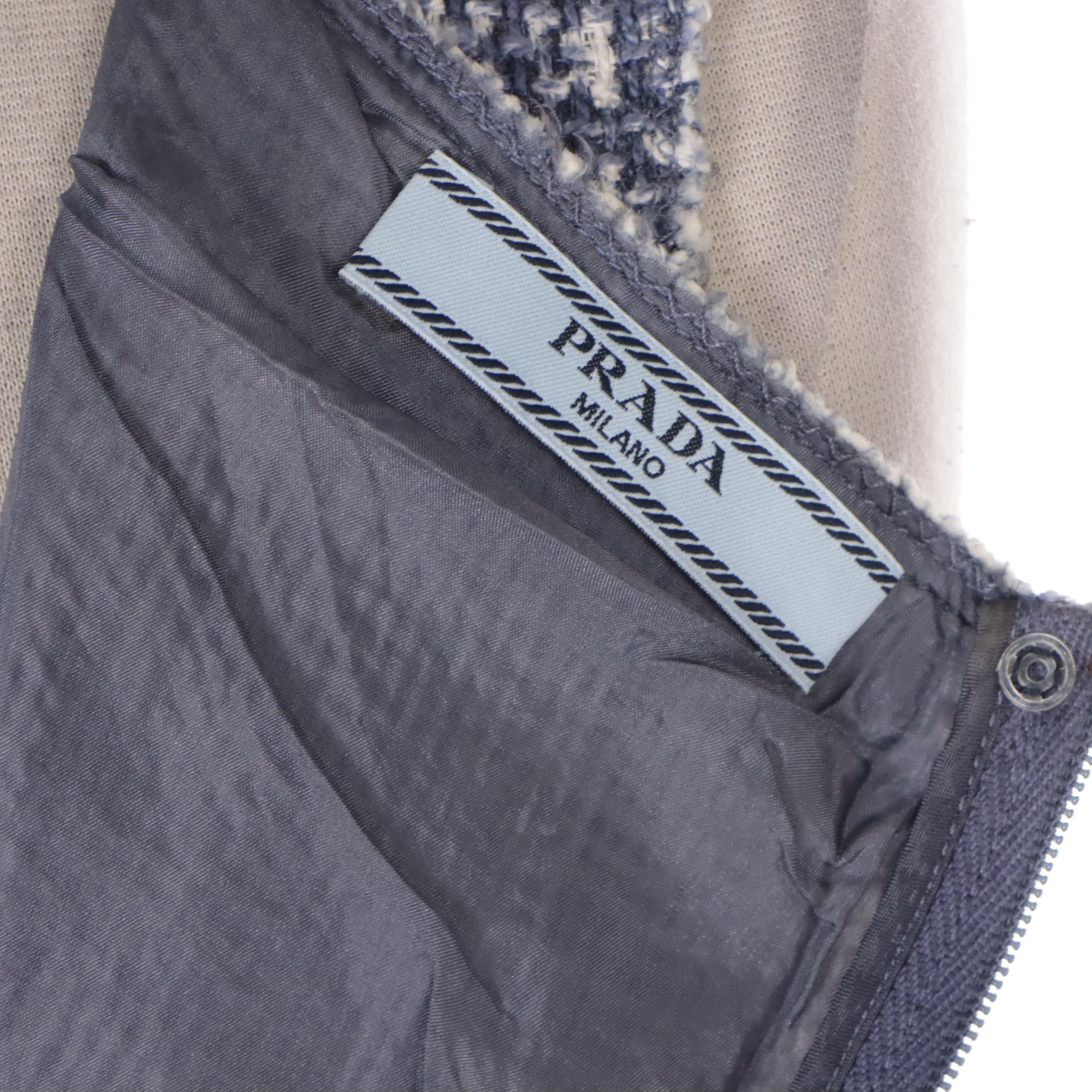 Prada Cotton Blend Tweed Sleeveless Dress in Chambray Blue/White