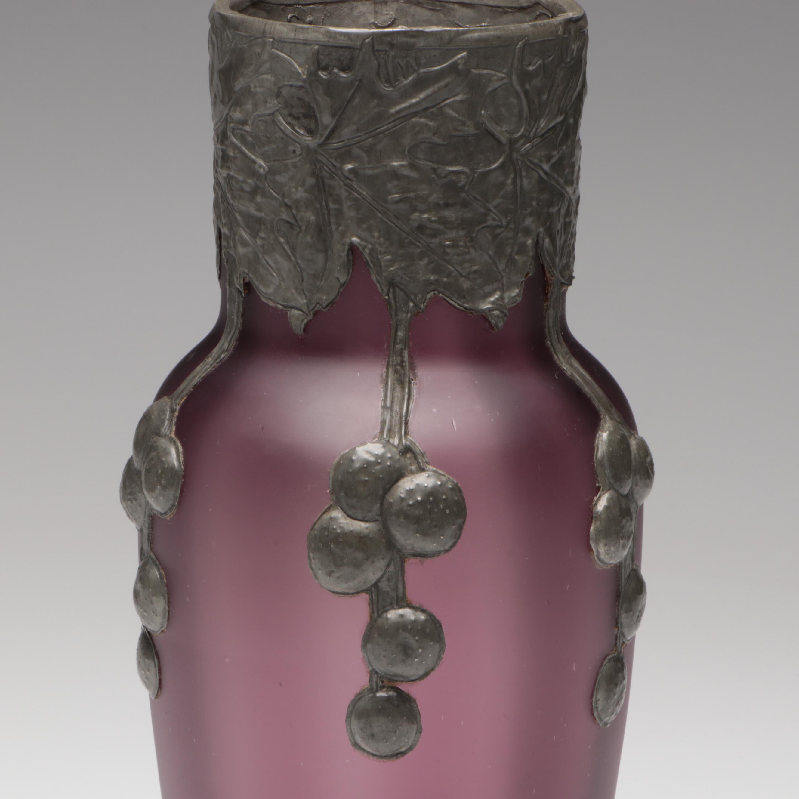 European Style Handmade Pewter and Blown Amethyst Satin Glass Vase, 20th C.