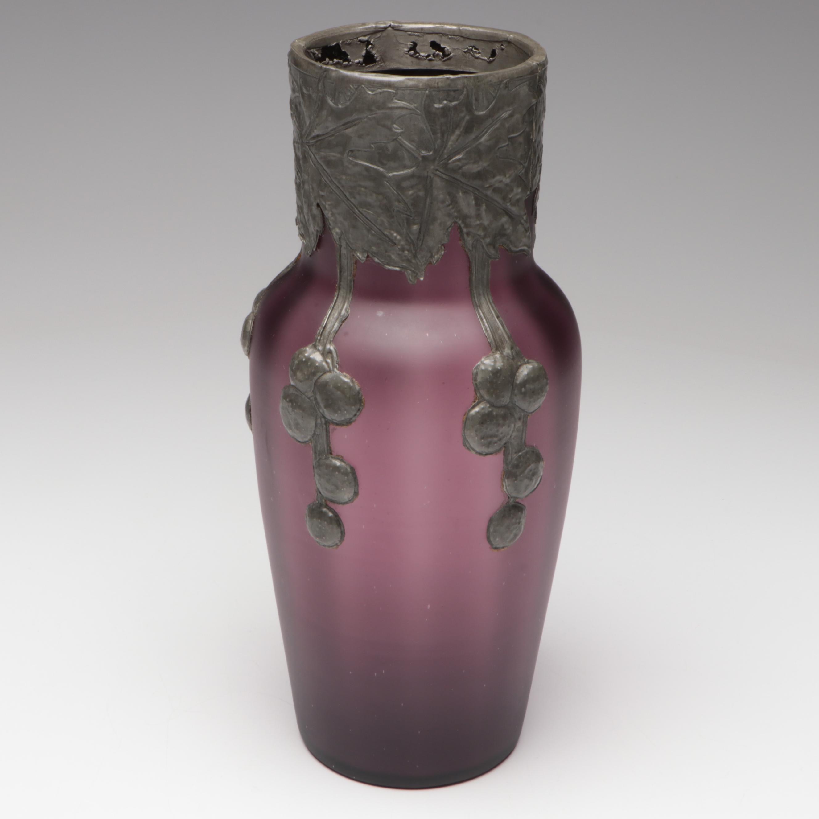 European Style Handmade Pewter and Blown Amethyst Satin Glass Vase, 20th C.
