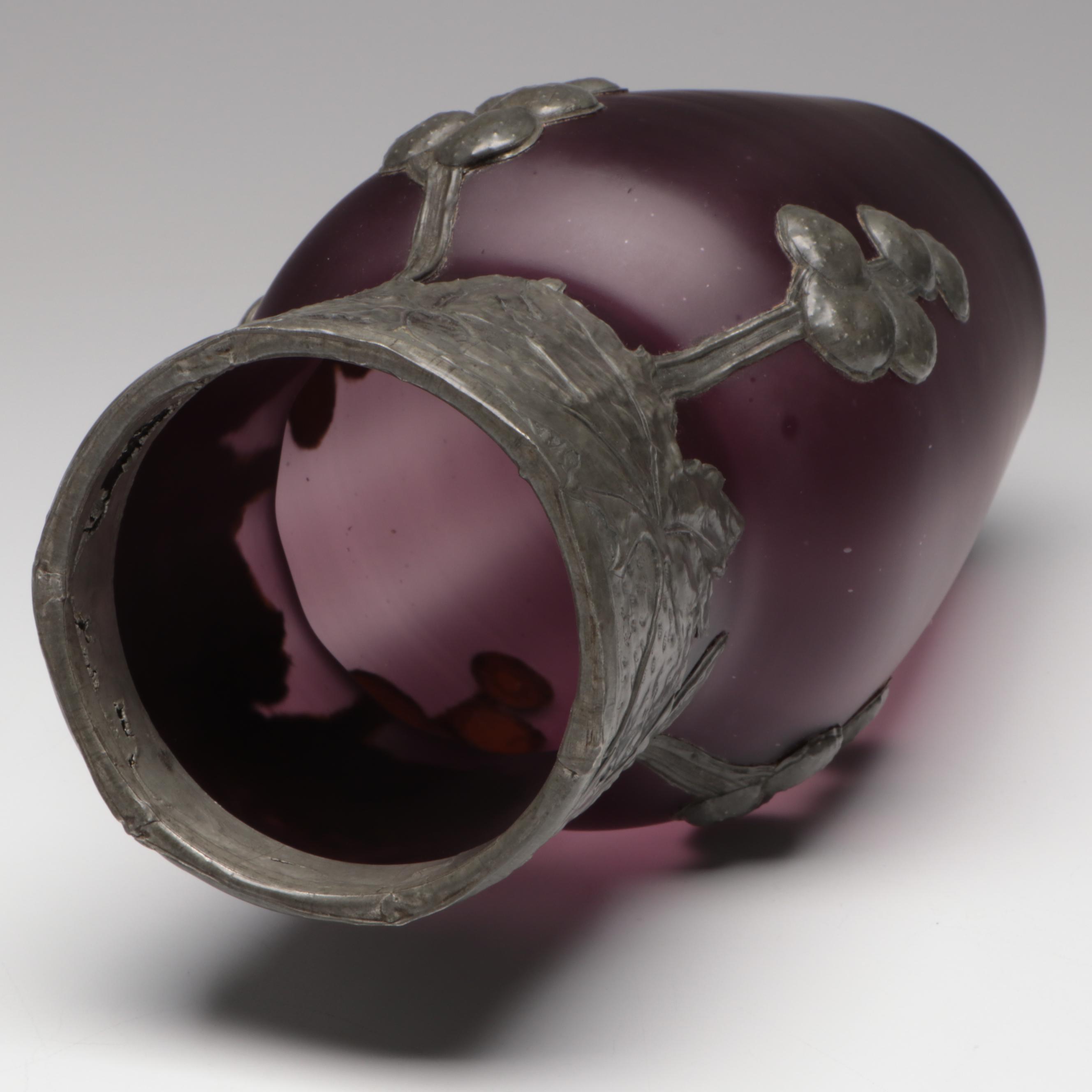 European Style Handmade Pewter and Blown Amethyst Satin Glass Vase, 20th C.
