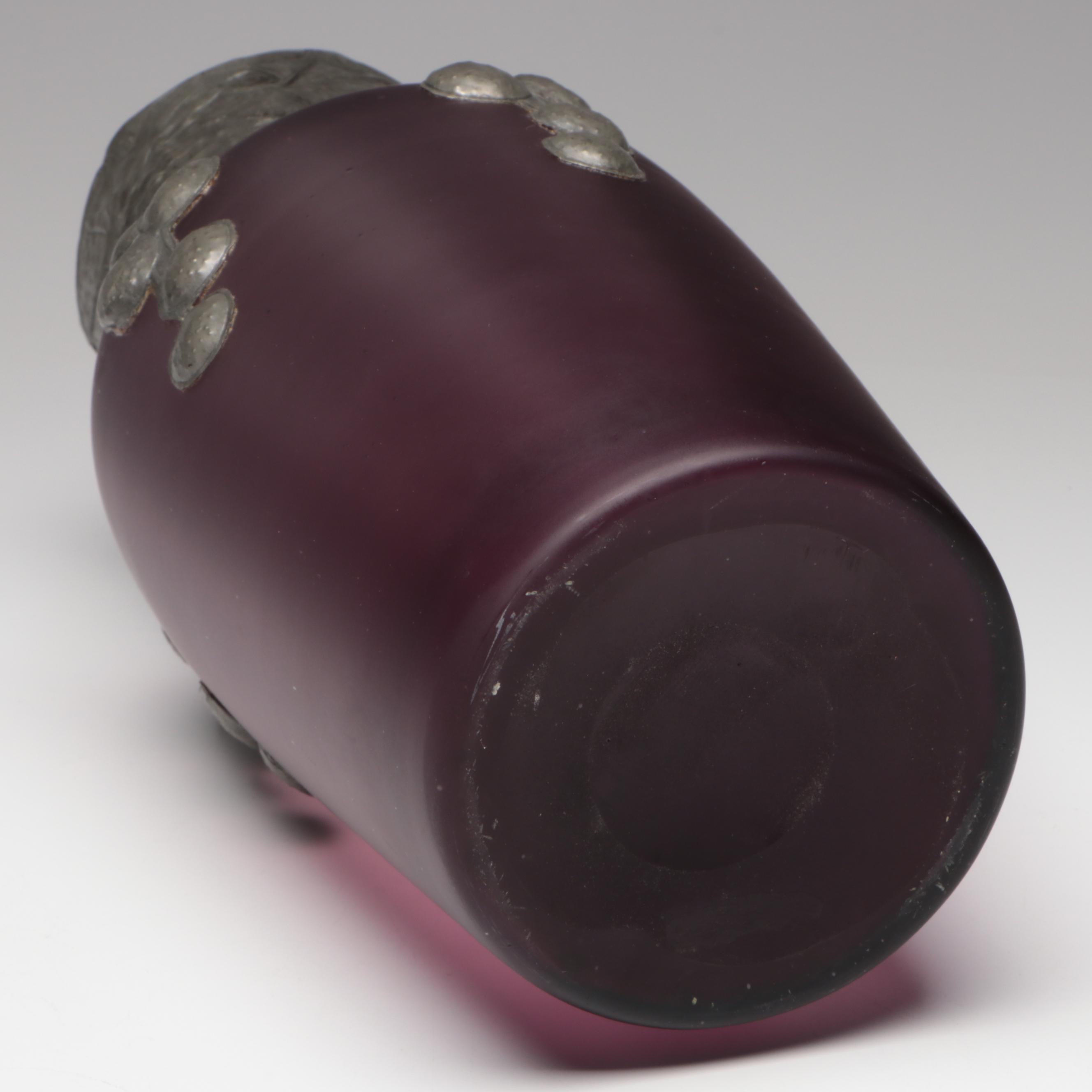 European Style Handmade Pewter and Blown Amethyst Satin Glass Vase, 20th C.