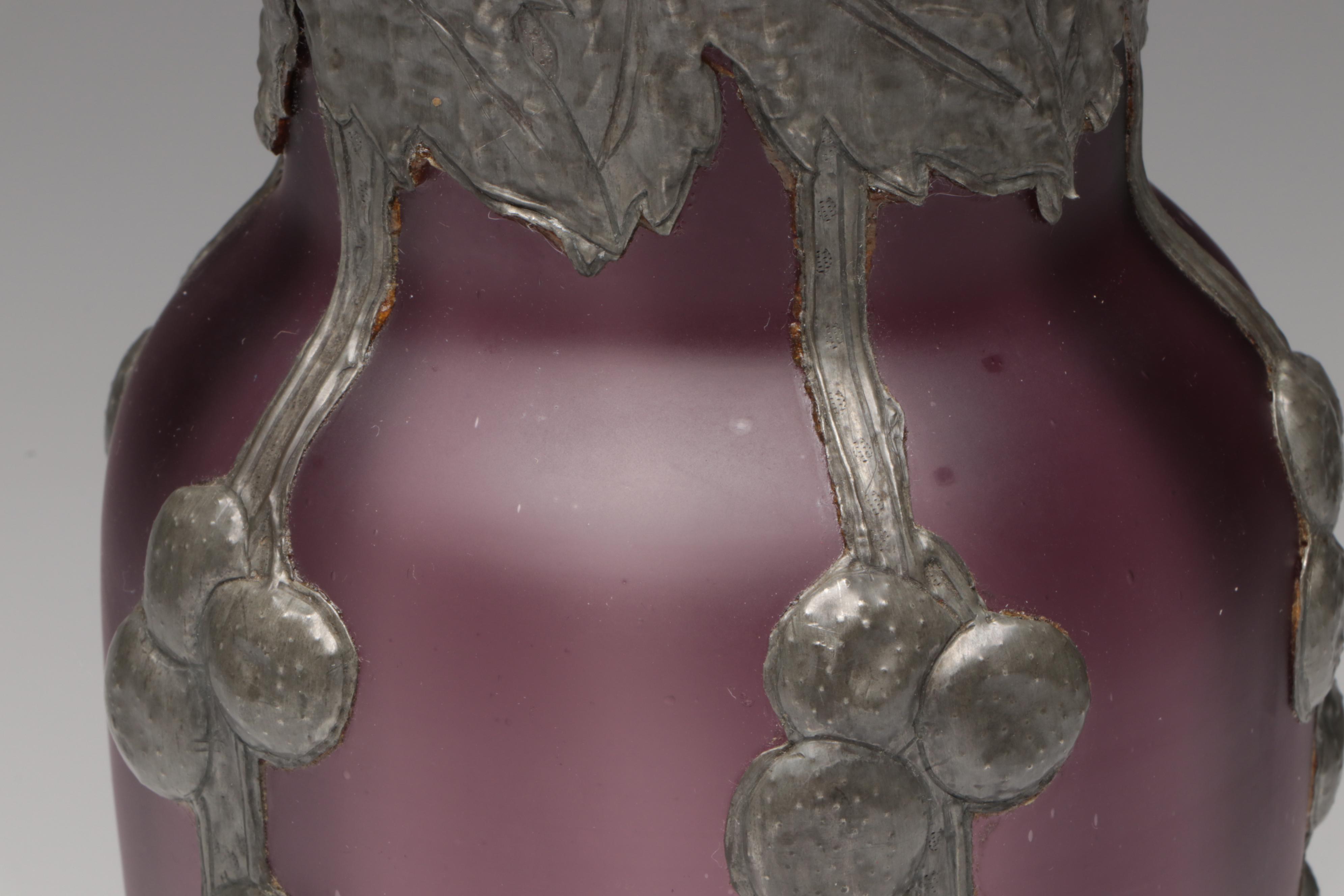 European Style Handmade Pewter and Blown Amethyst Satin Glass Vase, 20th C.