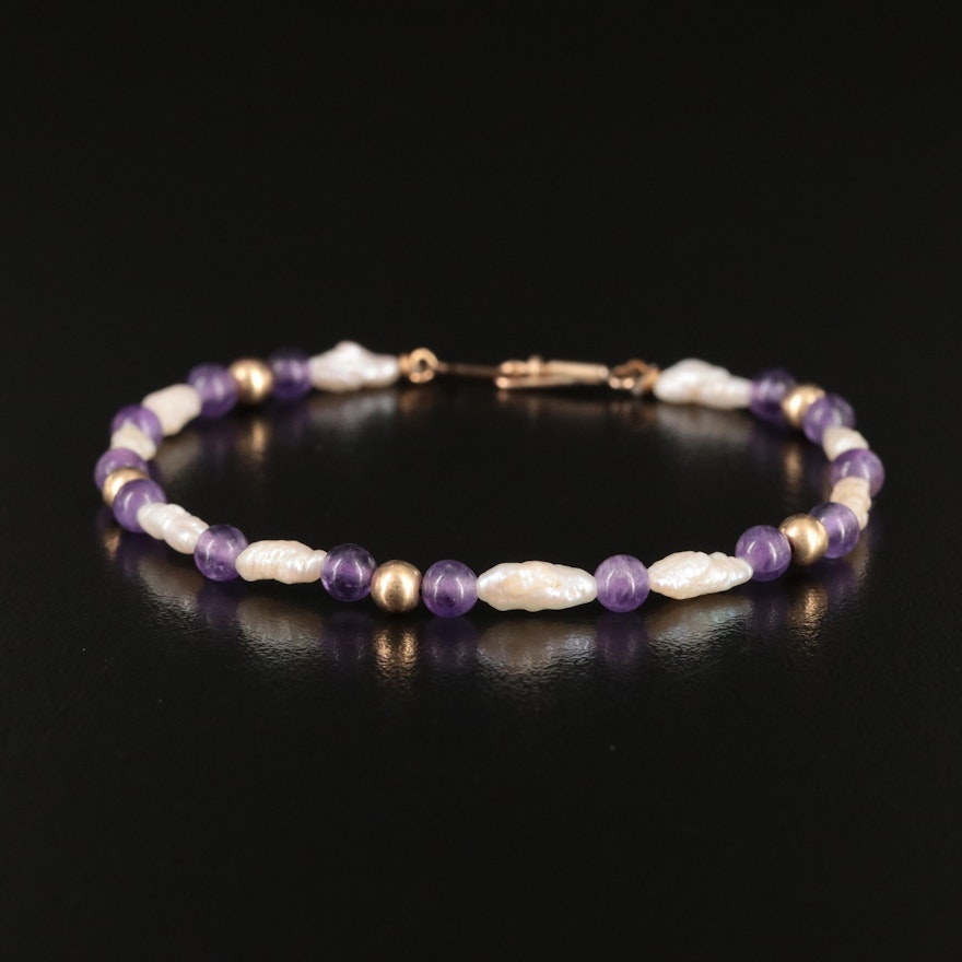 Pearl and Amethyst Bracelet with Gold Filled Accents Beads and Clasp | EBTH