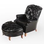 George III Style Buttoned-Down Black Vinyl Easy Armchair with Ottoman