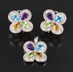 14K Multi-Gemstone and Diamond Floral Pendant and Earrings Set