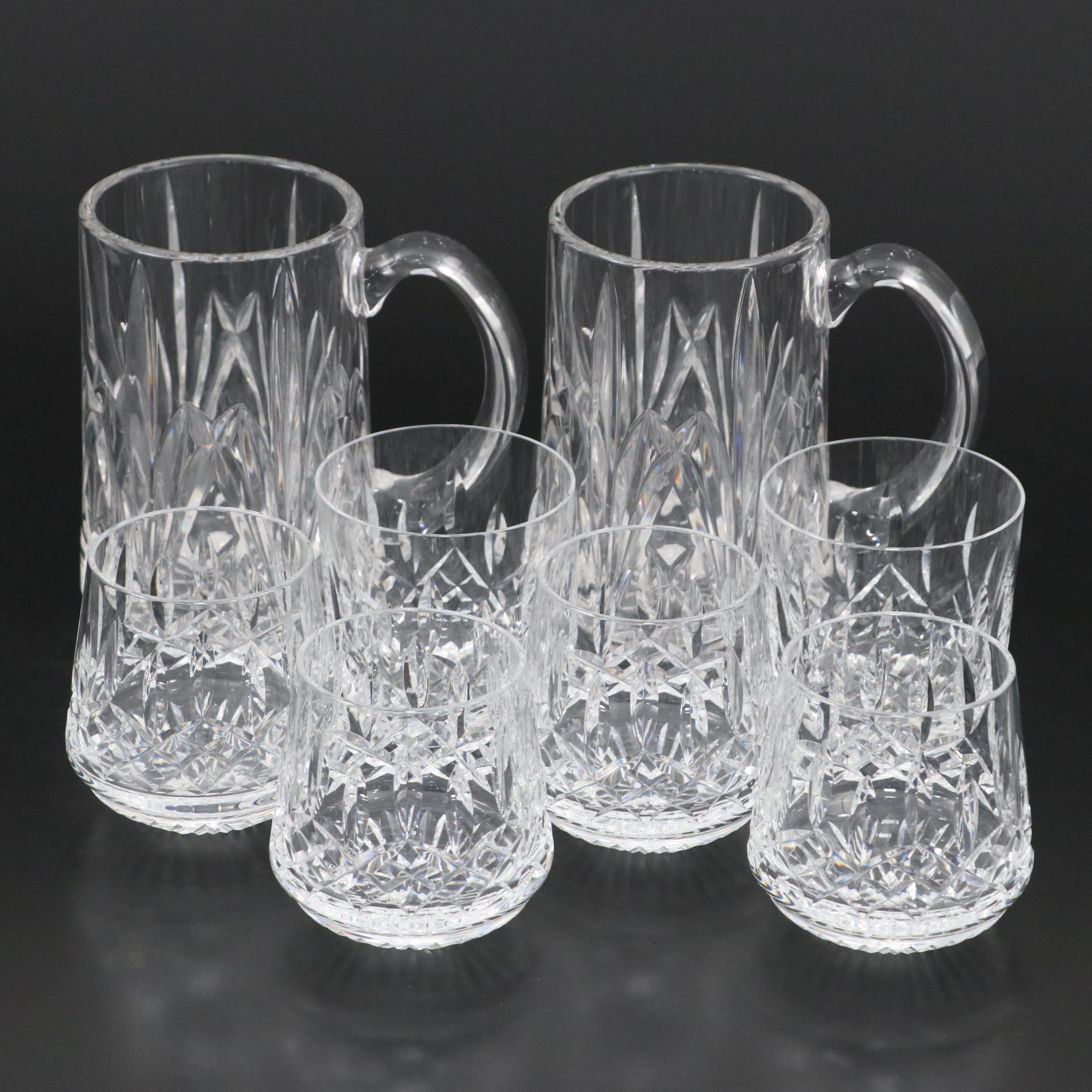 Waterford "Lismore" Crystal Old Fashioned, Roly Poly Glasses with Beer Glasses