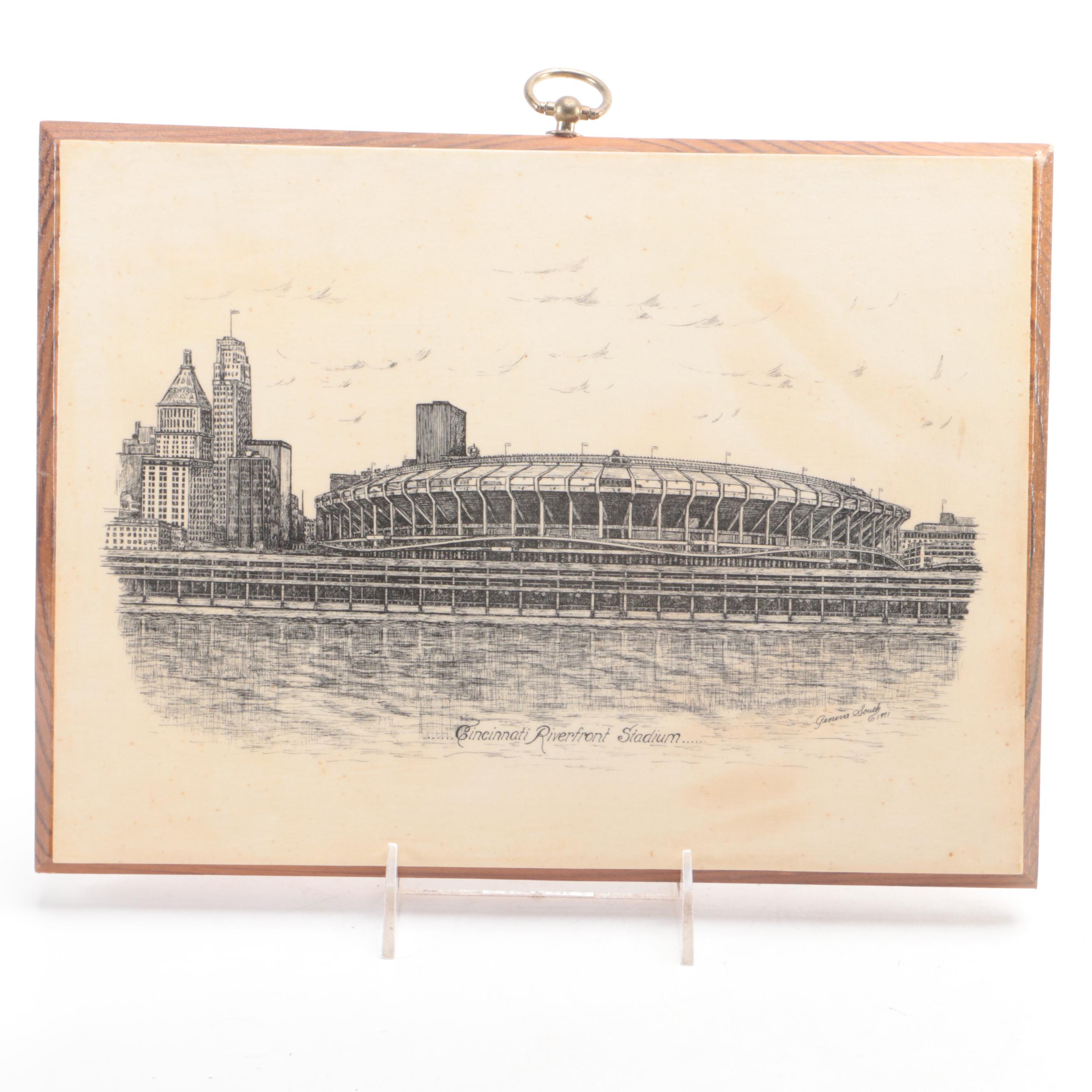 Crosley Field and Riverfront Stadium Lithograph Prints with Reds Plate