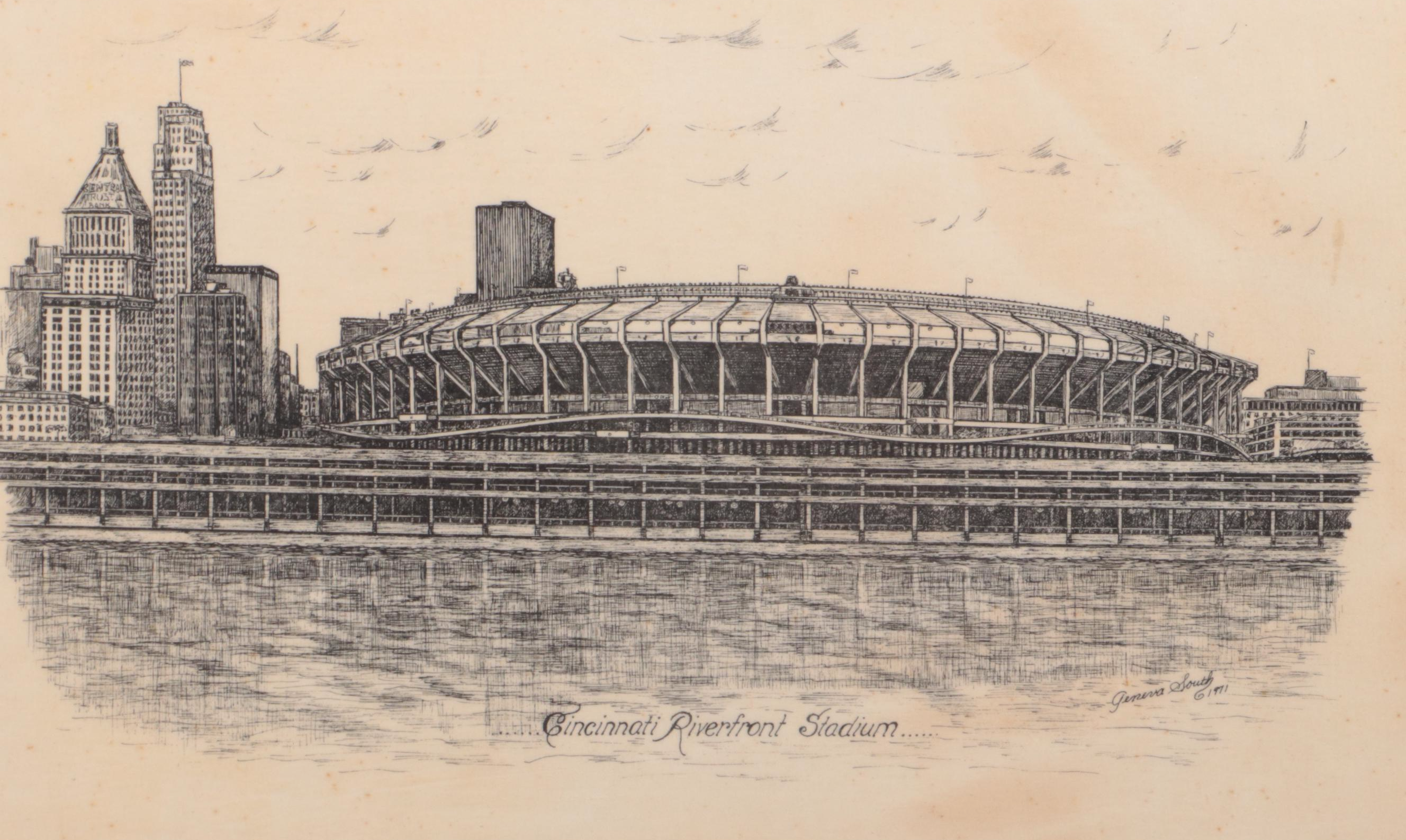 Crosley Field and Riverfront Stadium Lithograph Prints with Reds Plate