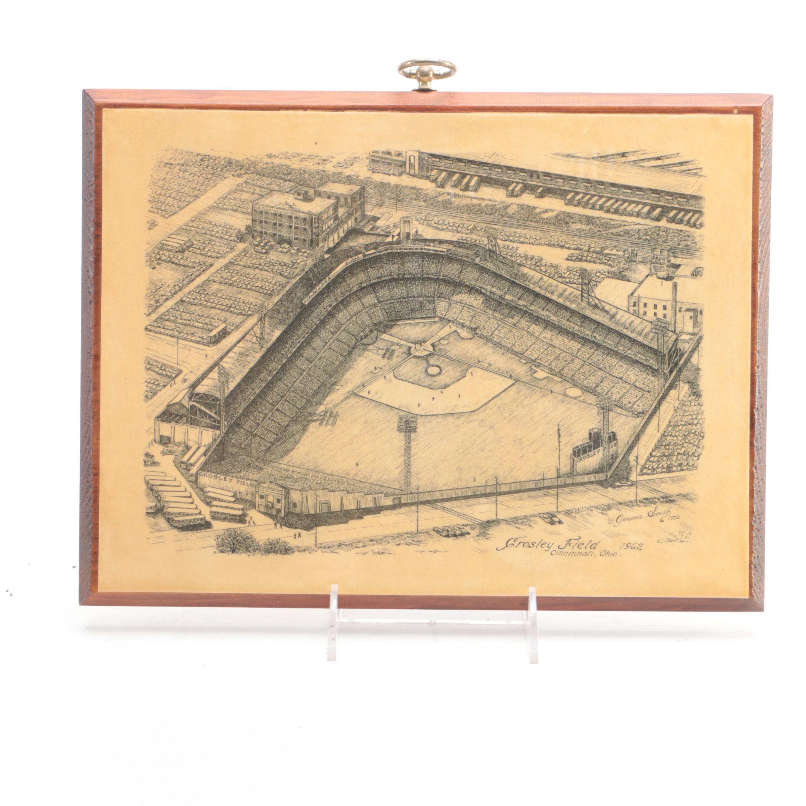 Crosley Field and Riverfront Stadium Lithograph Prints with Reds Plate