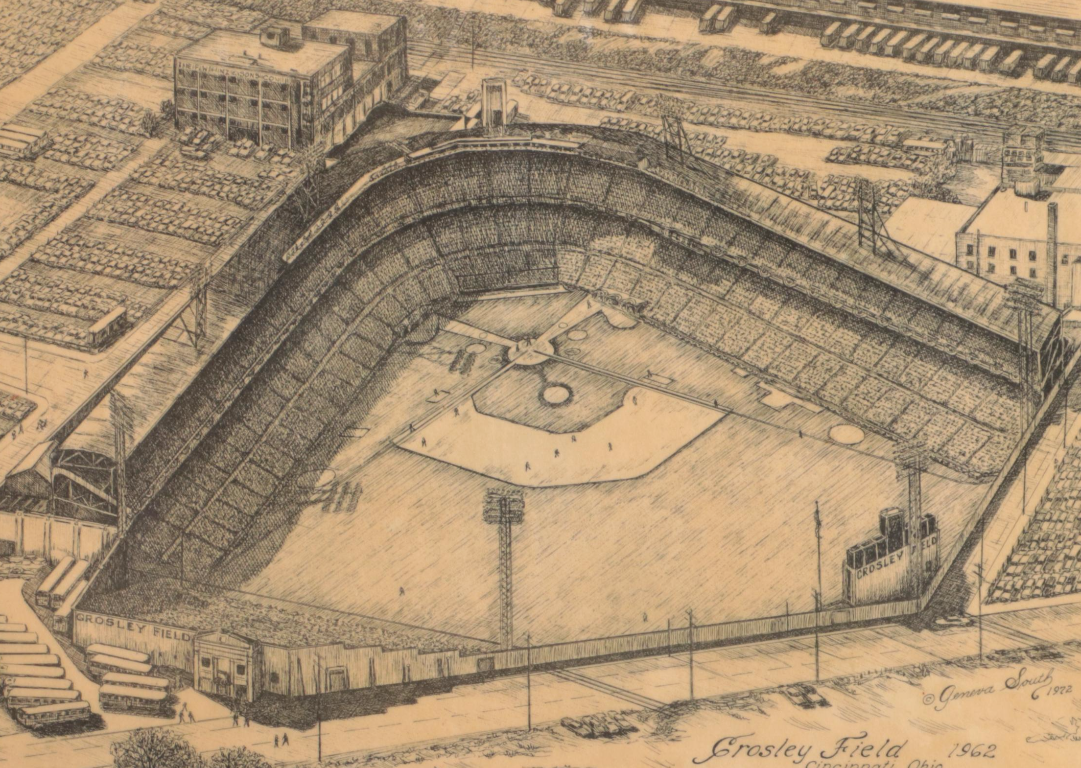 Crosley Field and Riverfront Stadium Lithograph Prints with Reds Plate