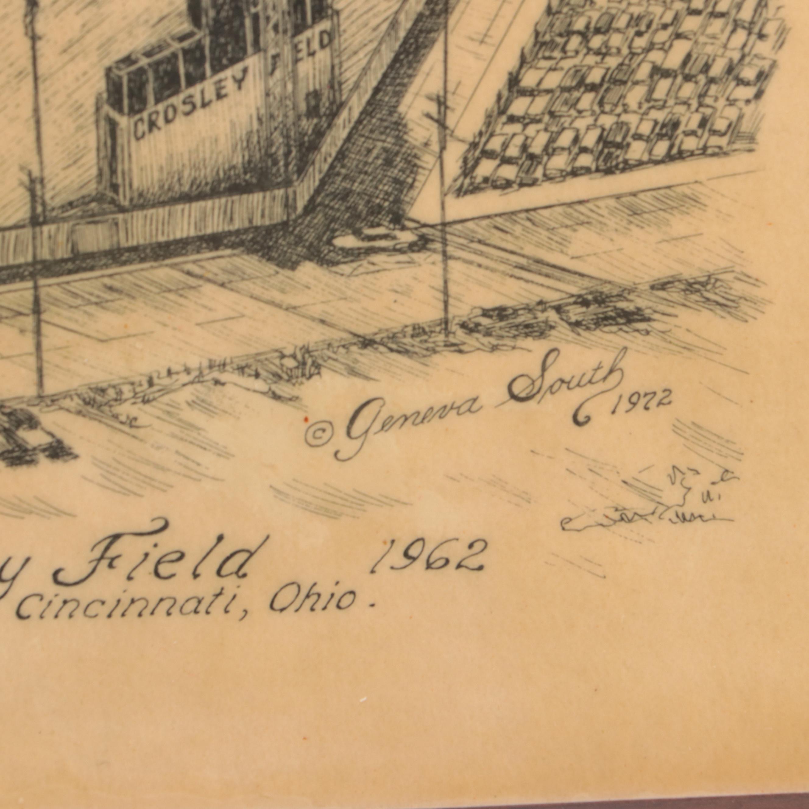 Crosley Field and Riverfront Stadium Lithograph Prints with Reds Plate