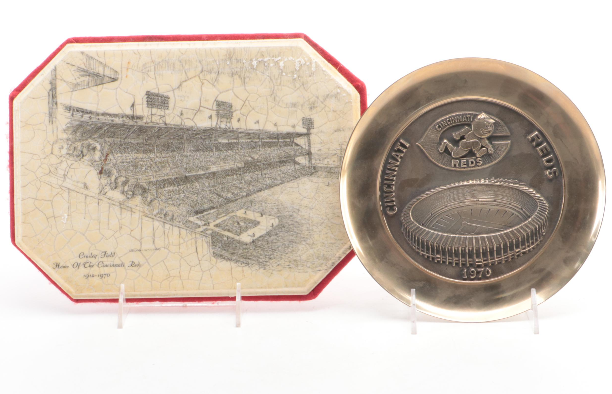 Crosley Field and Riverfront Stadium Lithograph Prints with Reds Plate