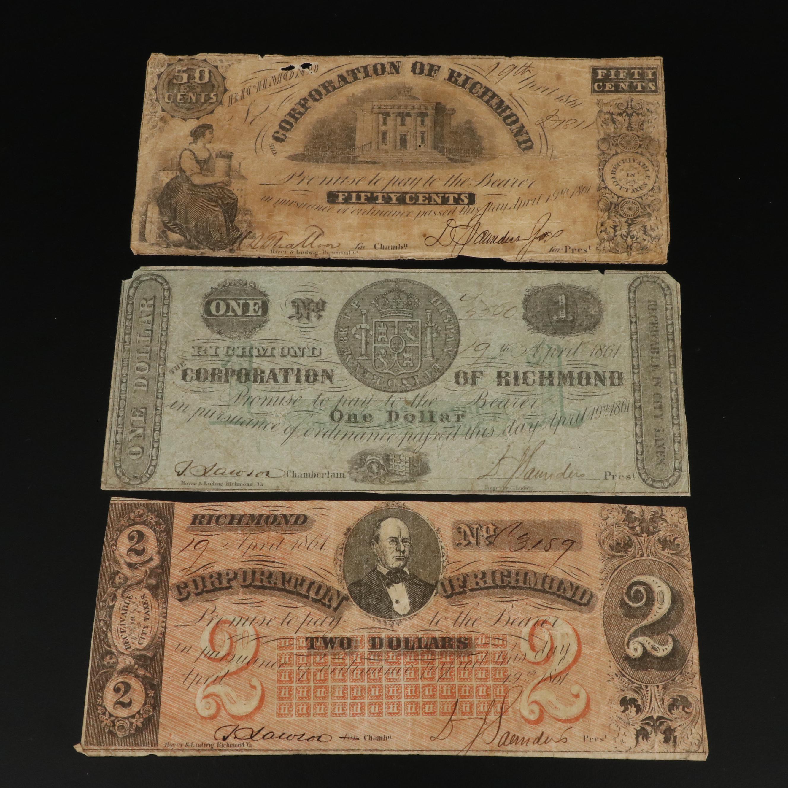 Three Corporation of Richmond Obsolete Currency Notes from the Civil War Years