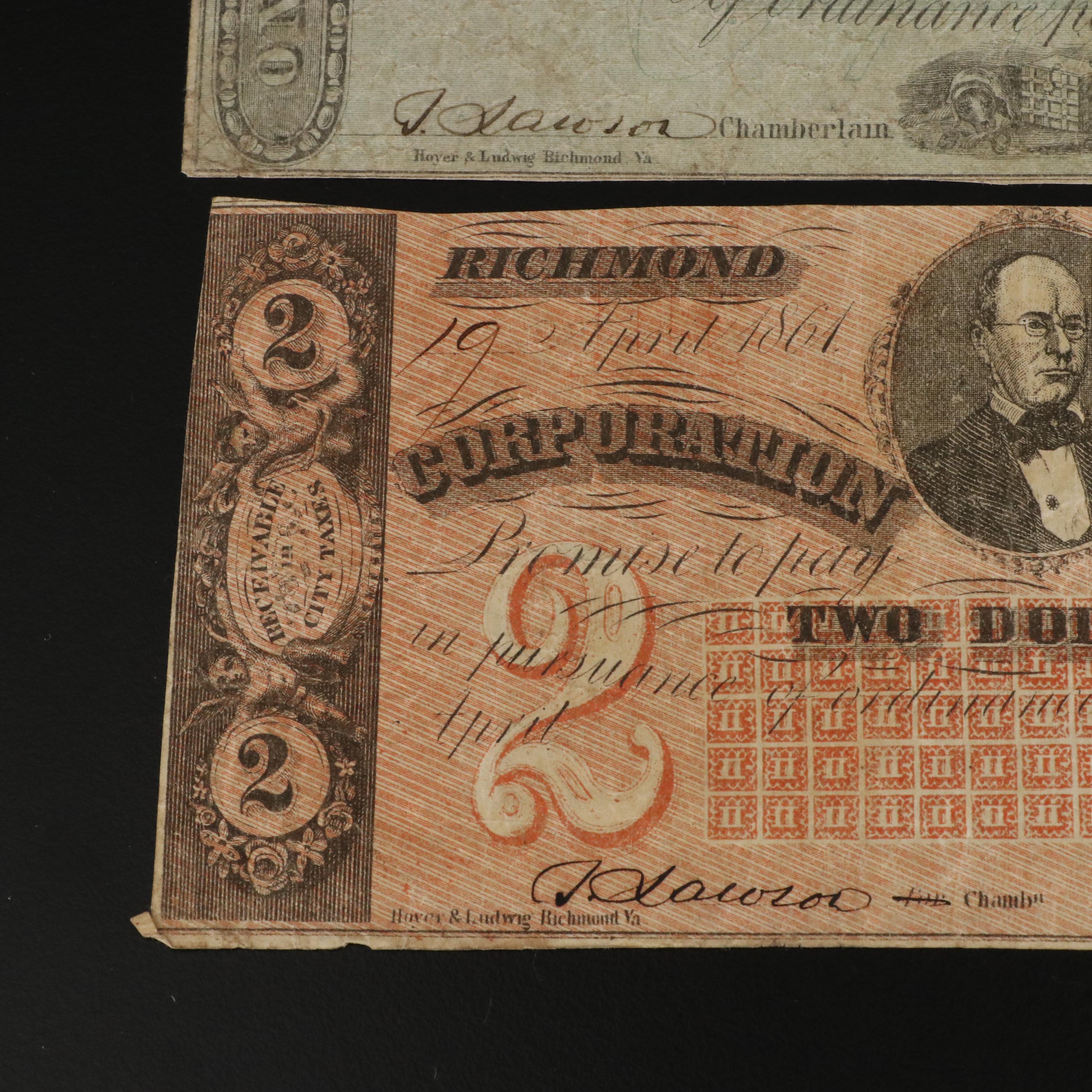 Three Corporation of Richmond Obsolete Currency Notes from the Civil War Years