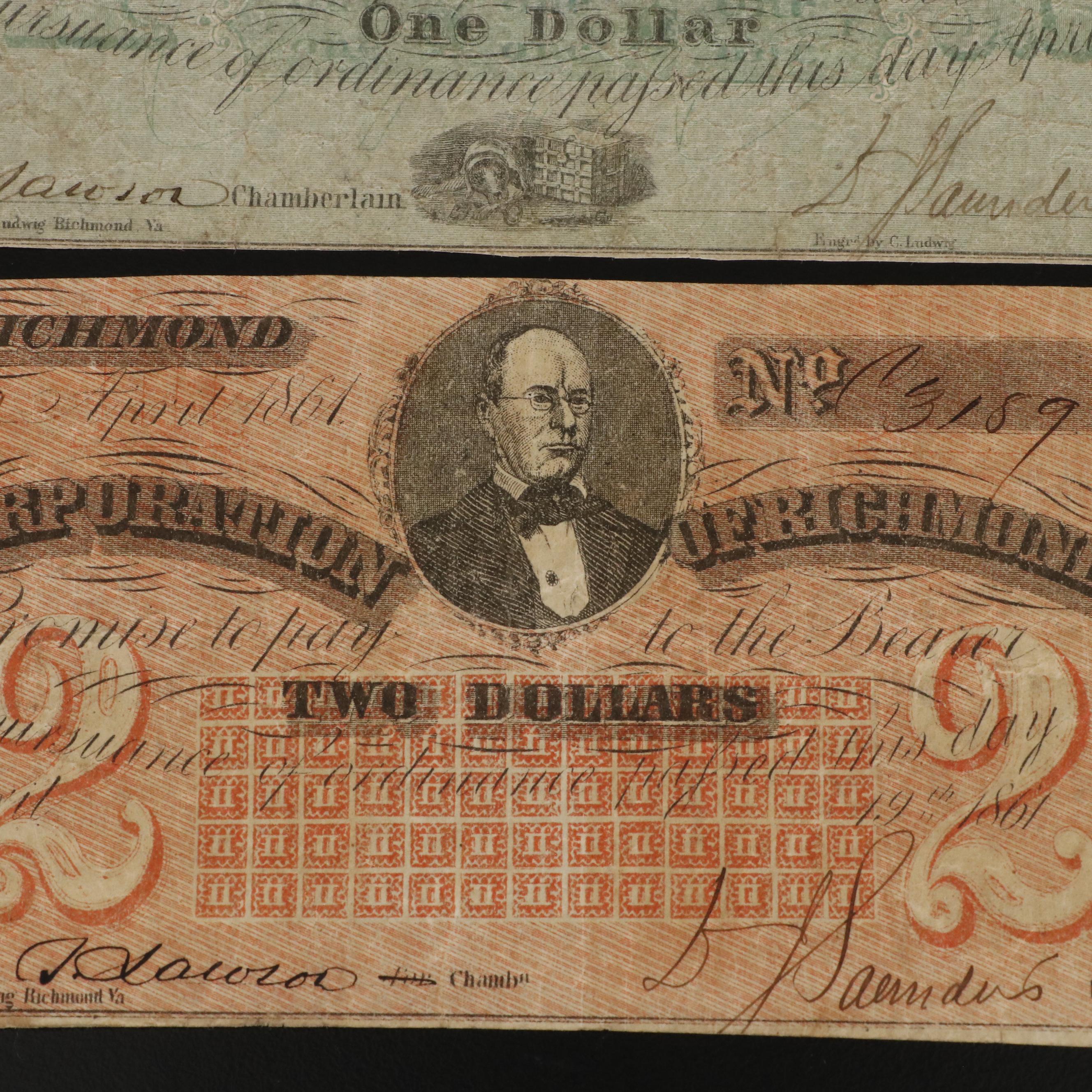 Three Corporation of Richmond Obsolete Currency Notes from the Civil War Years