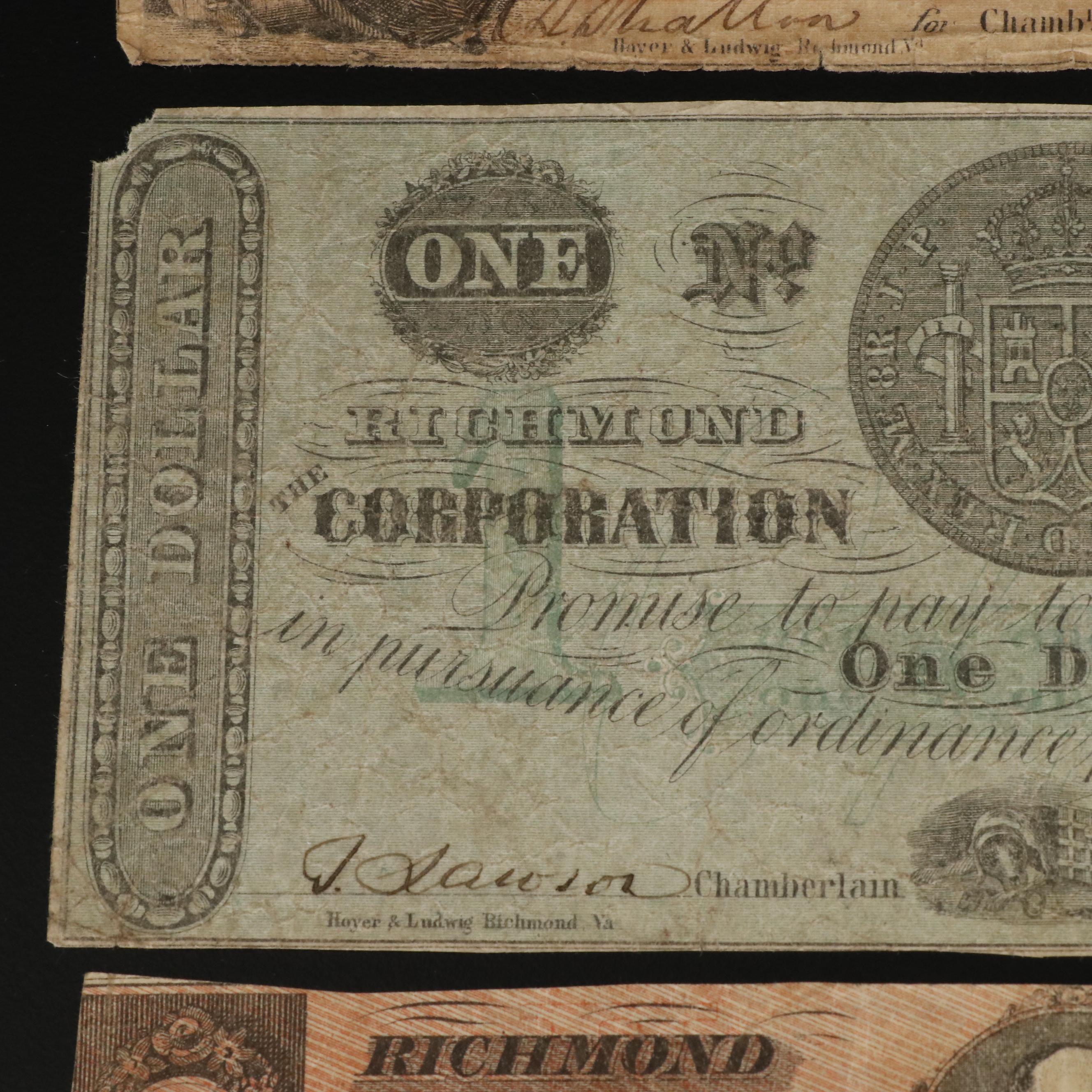 Three Corporation of Richmond Obsolete Currency Notes from the Civil War Years