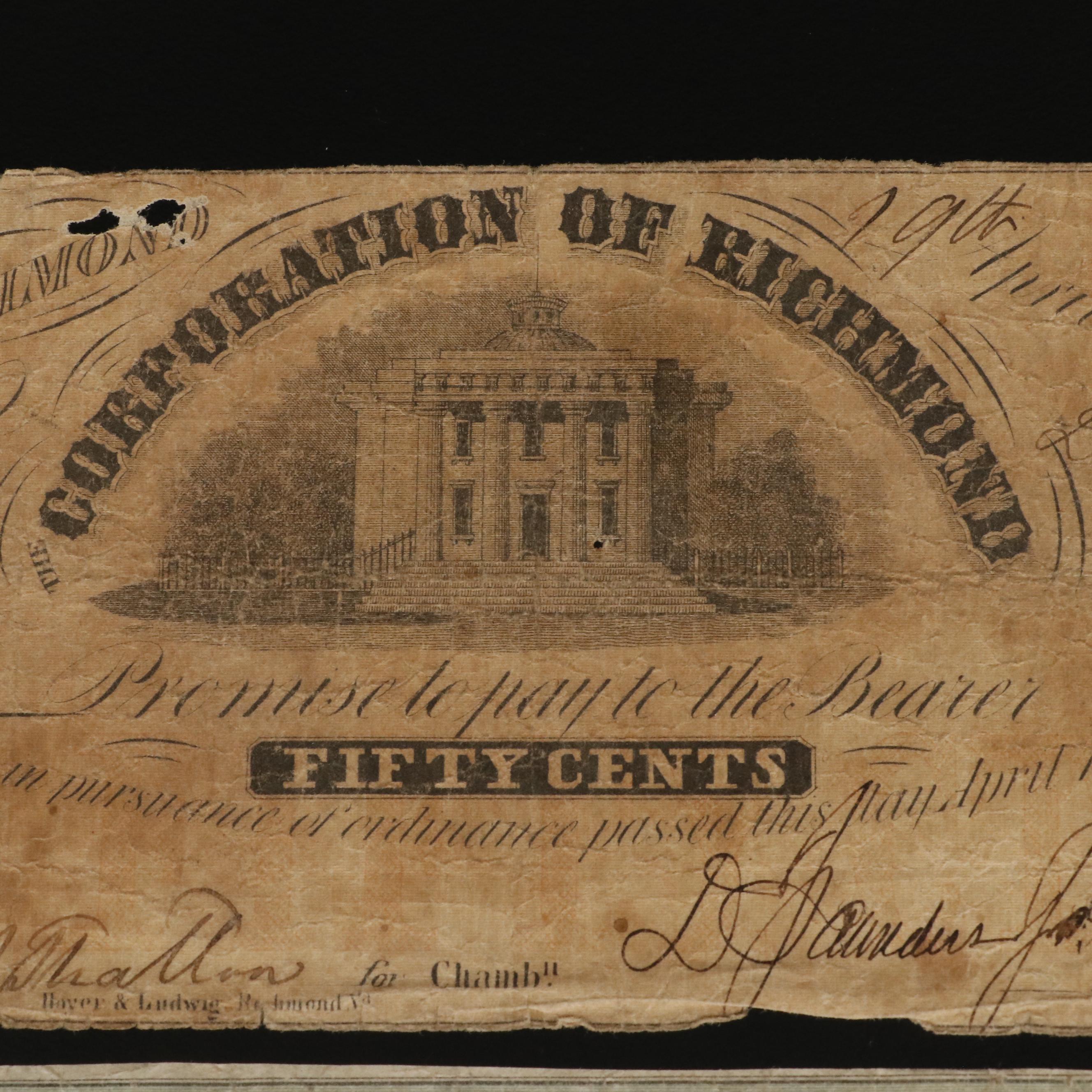 Three Corporation of Richmond Obsolete Currency Notes from the Civil War Years