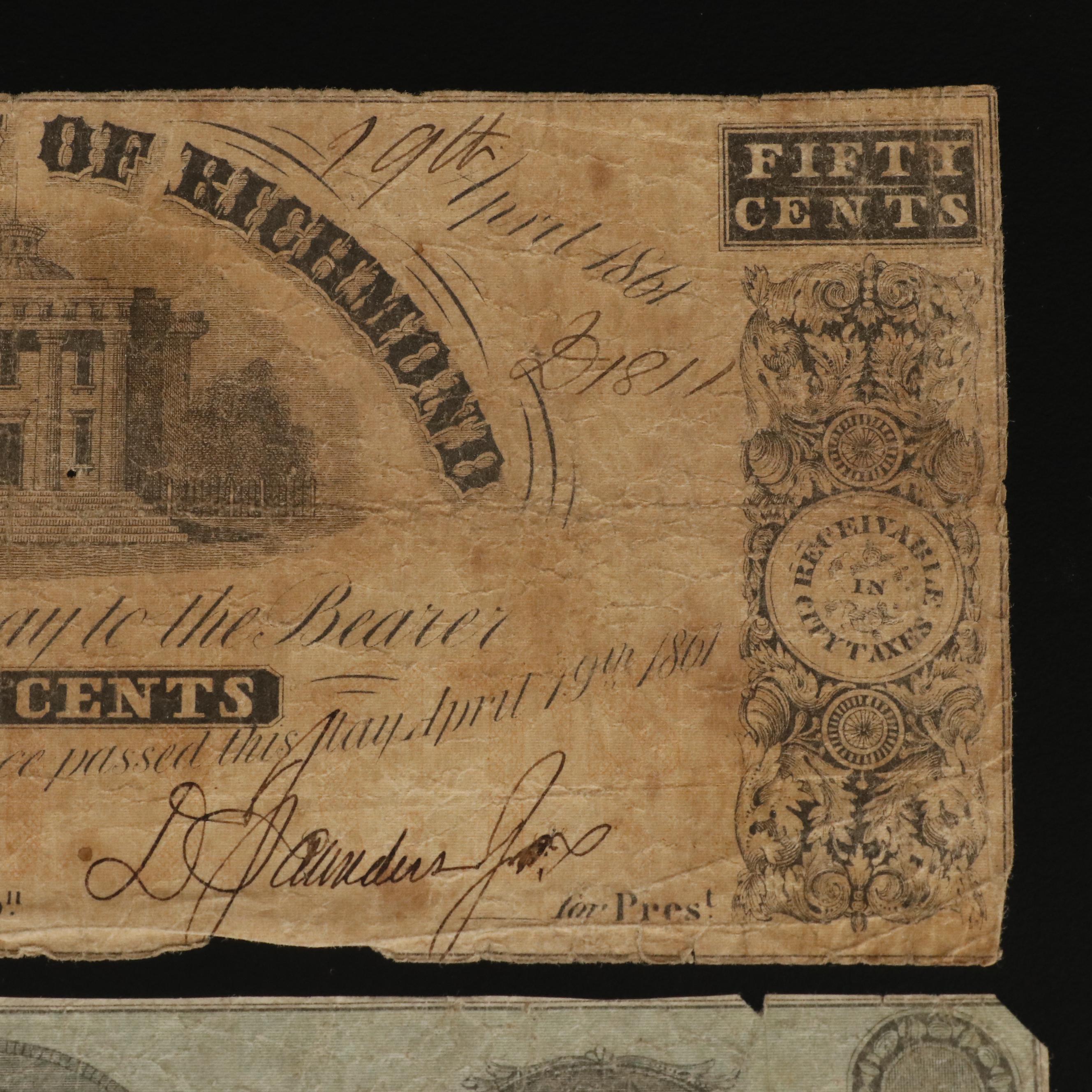 Three Corporation of Richmond Obsolete Currency Notes from the Civil War Years