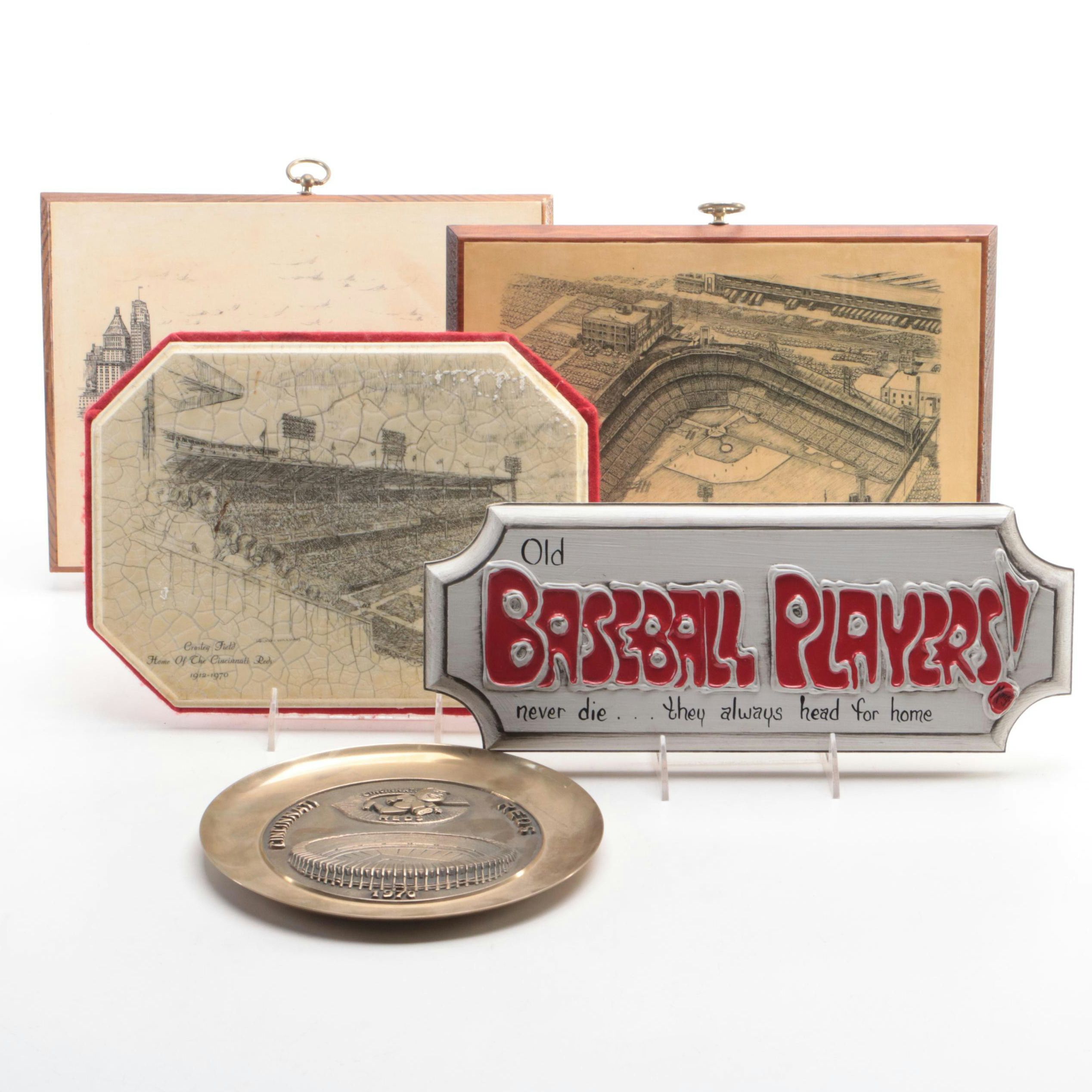 Crosley Field and Riverfront Stadium Lithograph Prints with Reds Plate