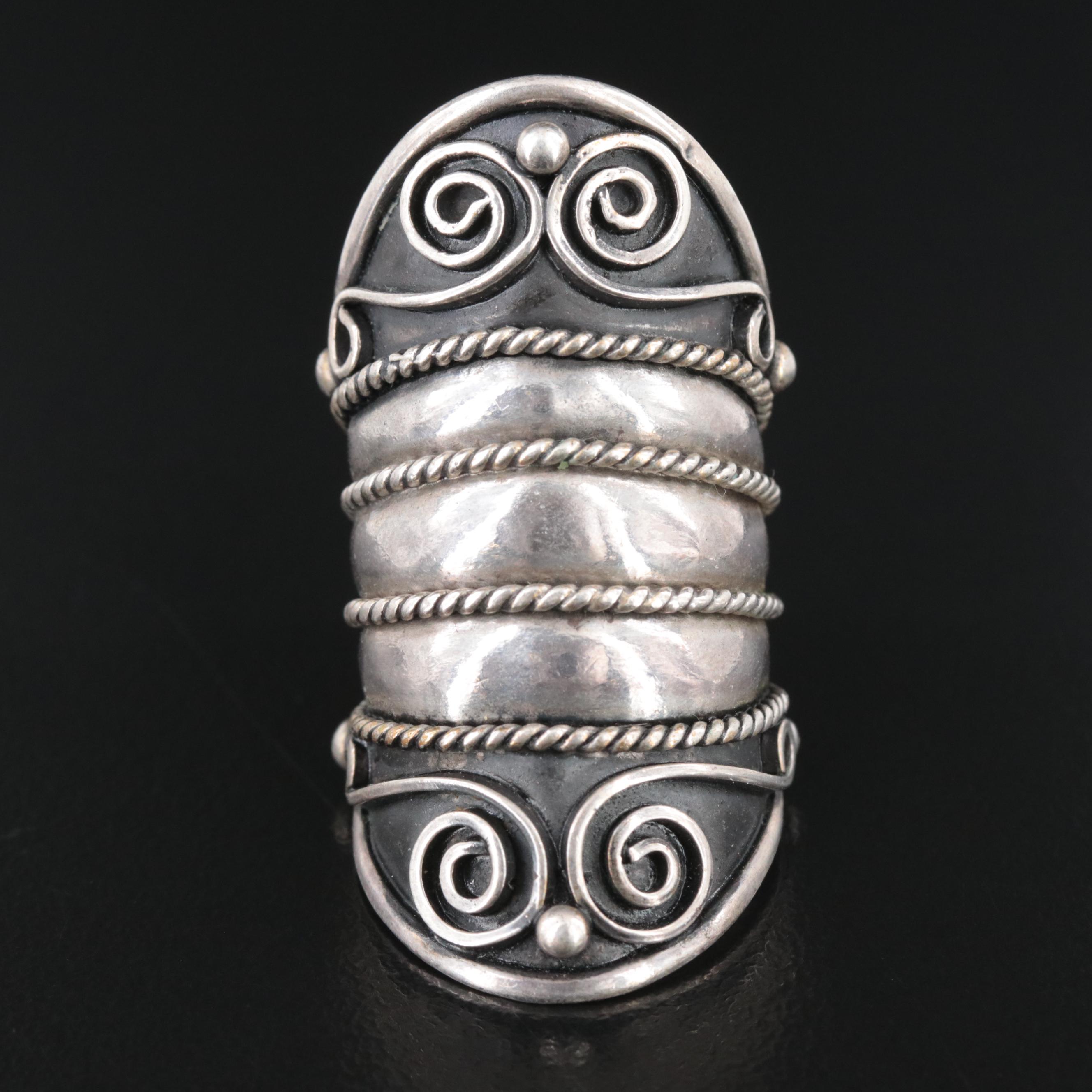 Sterling Pointer Ring with Rope and Bead Detail
