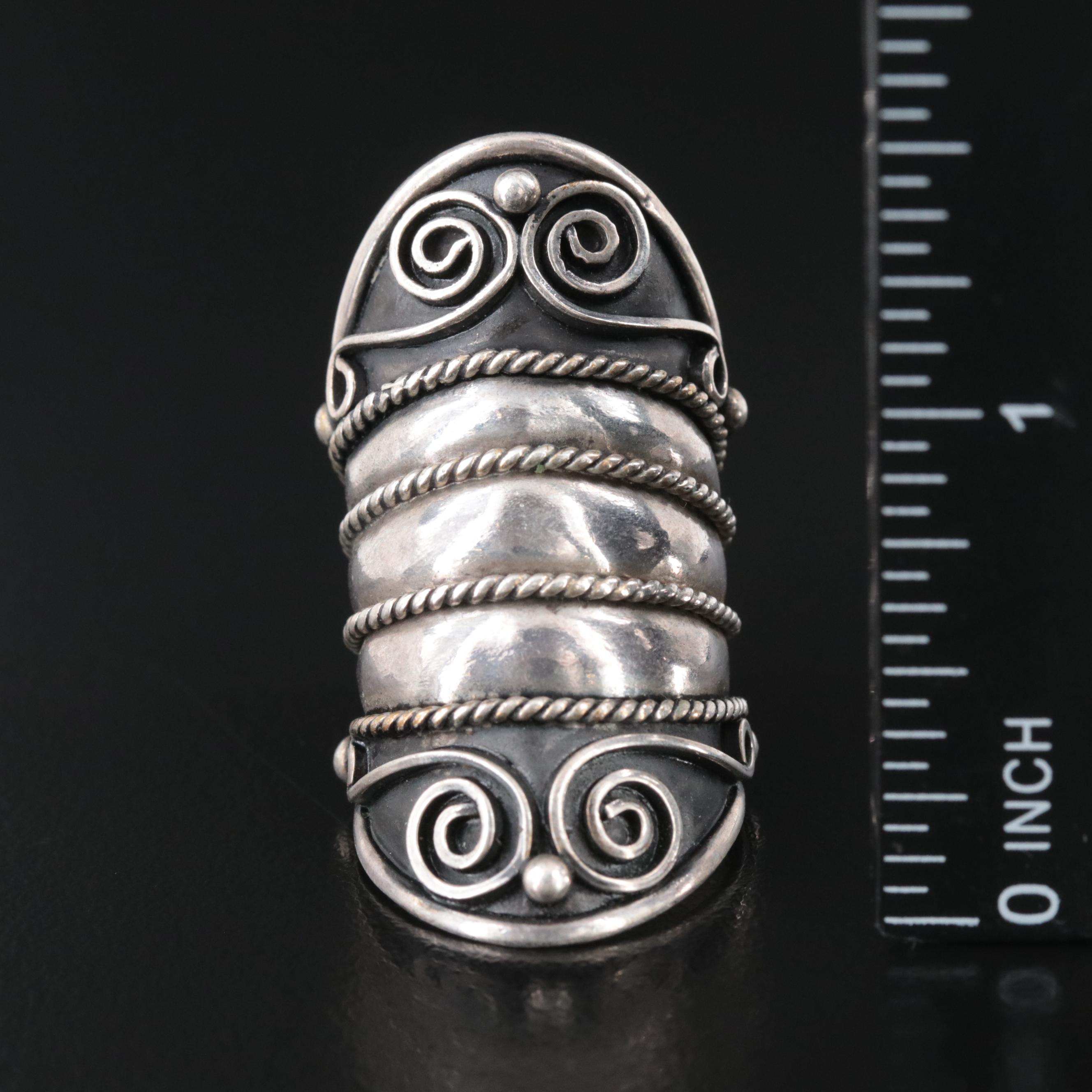 Sterling Pointer Ring with Rope and Bead Detail