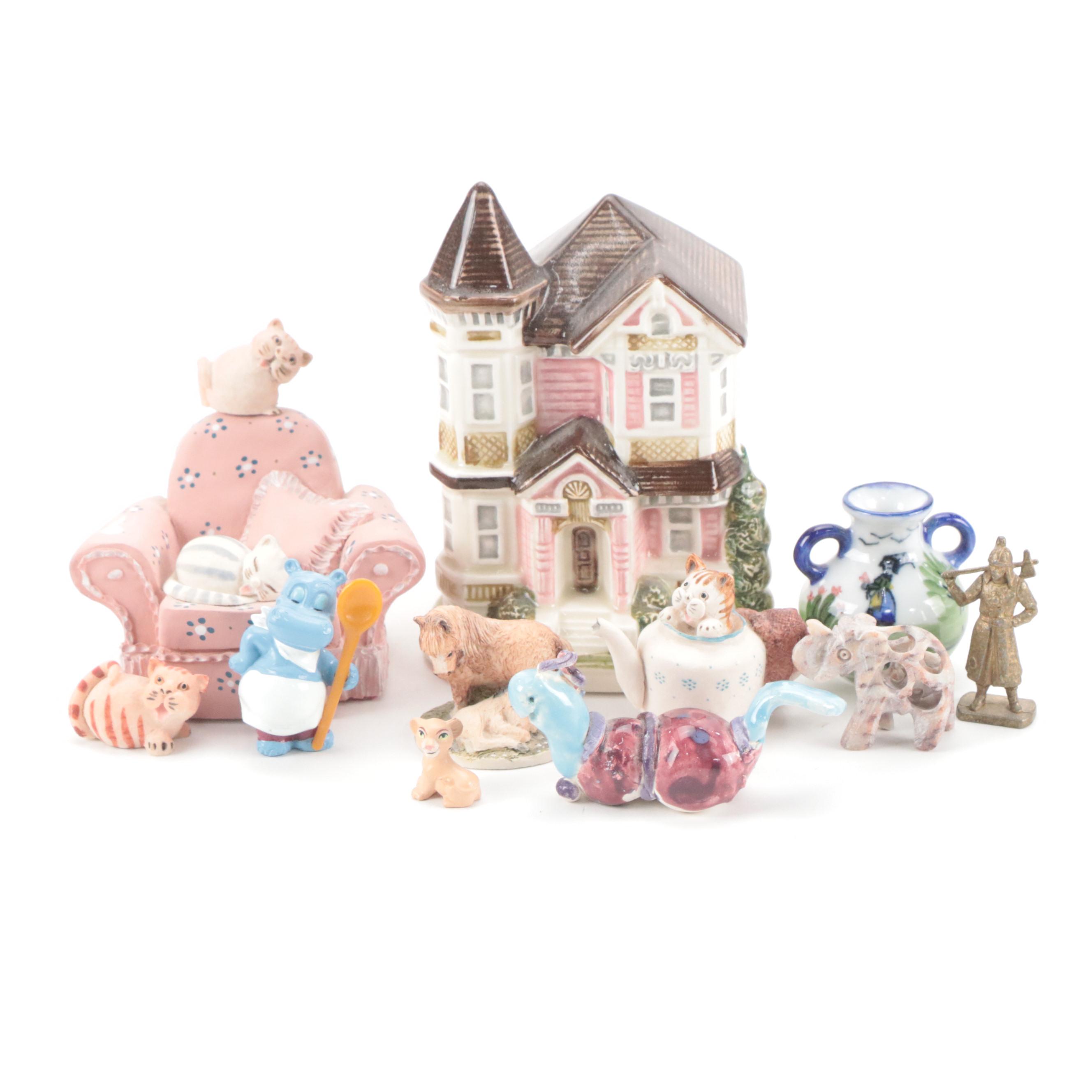 Otagiri Hand-Painted Porcelain House Figurine with Other Miniature Figurines