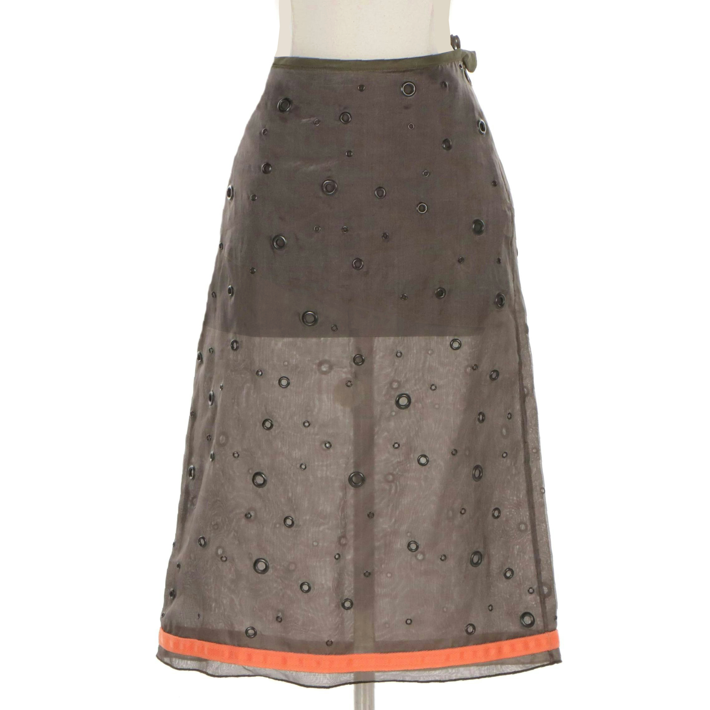 Prada All-Over Eyelet Embellished Grey Silk Knee-Length Skirt