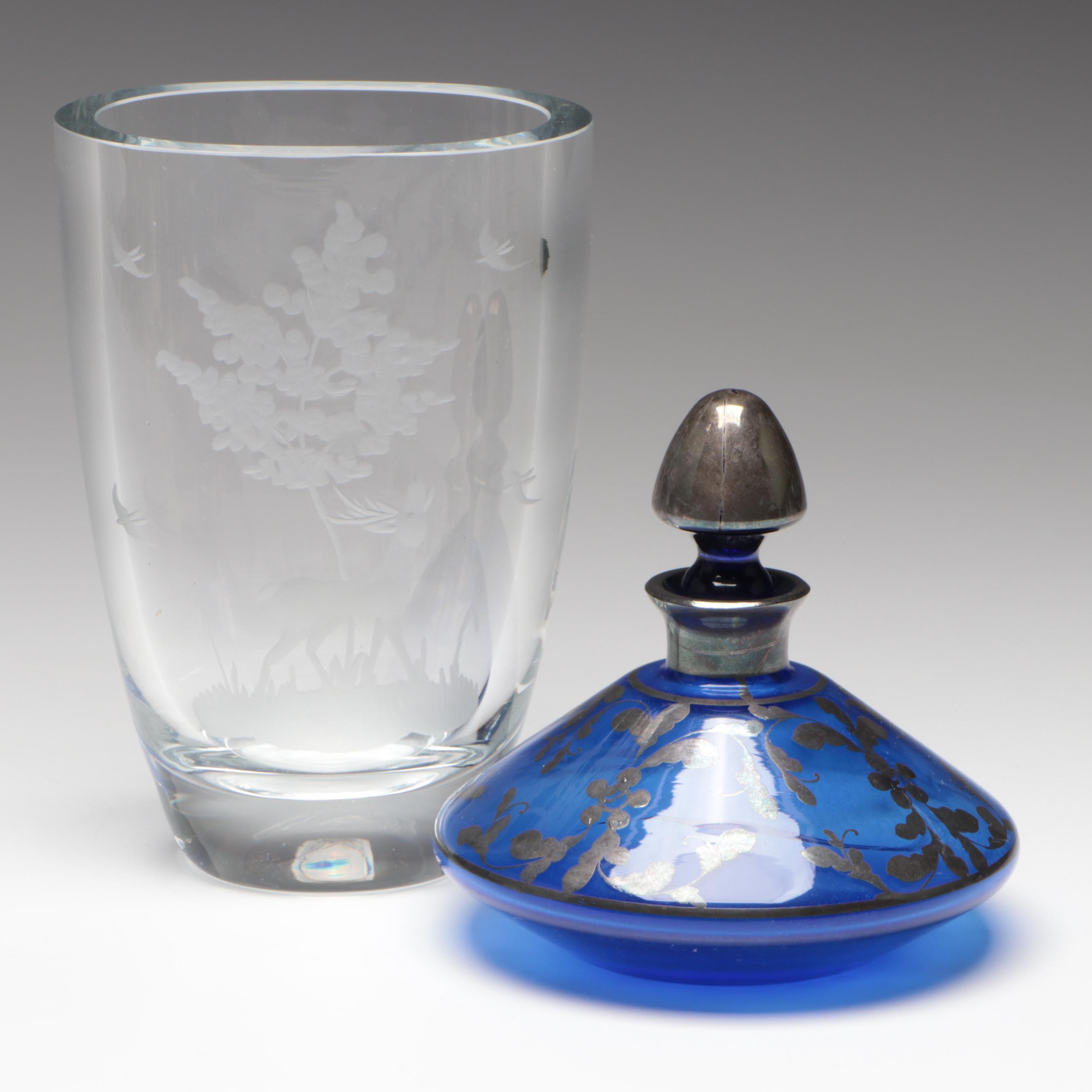 Wheel Etched Glass Vase with Silver Overlay Cobalt Glass Perfume Bottle