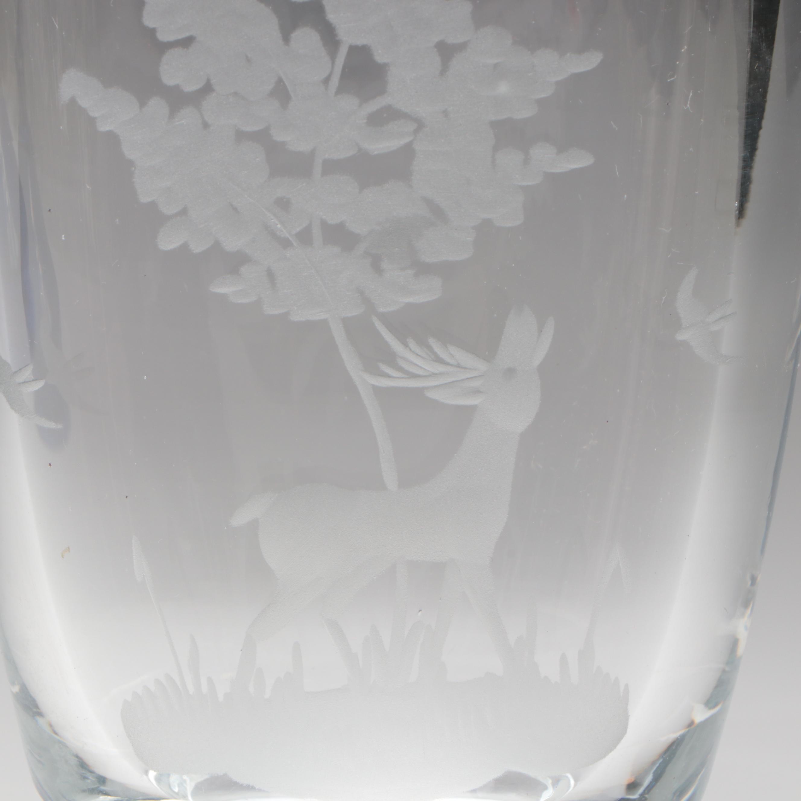 Wheel Etched Glass Vase with Silver Overlay Cobalt Glass Perfume Bottle