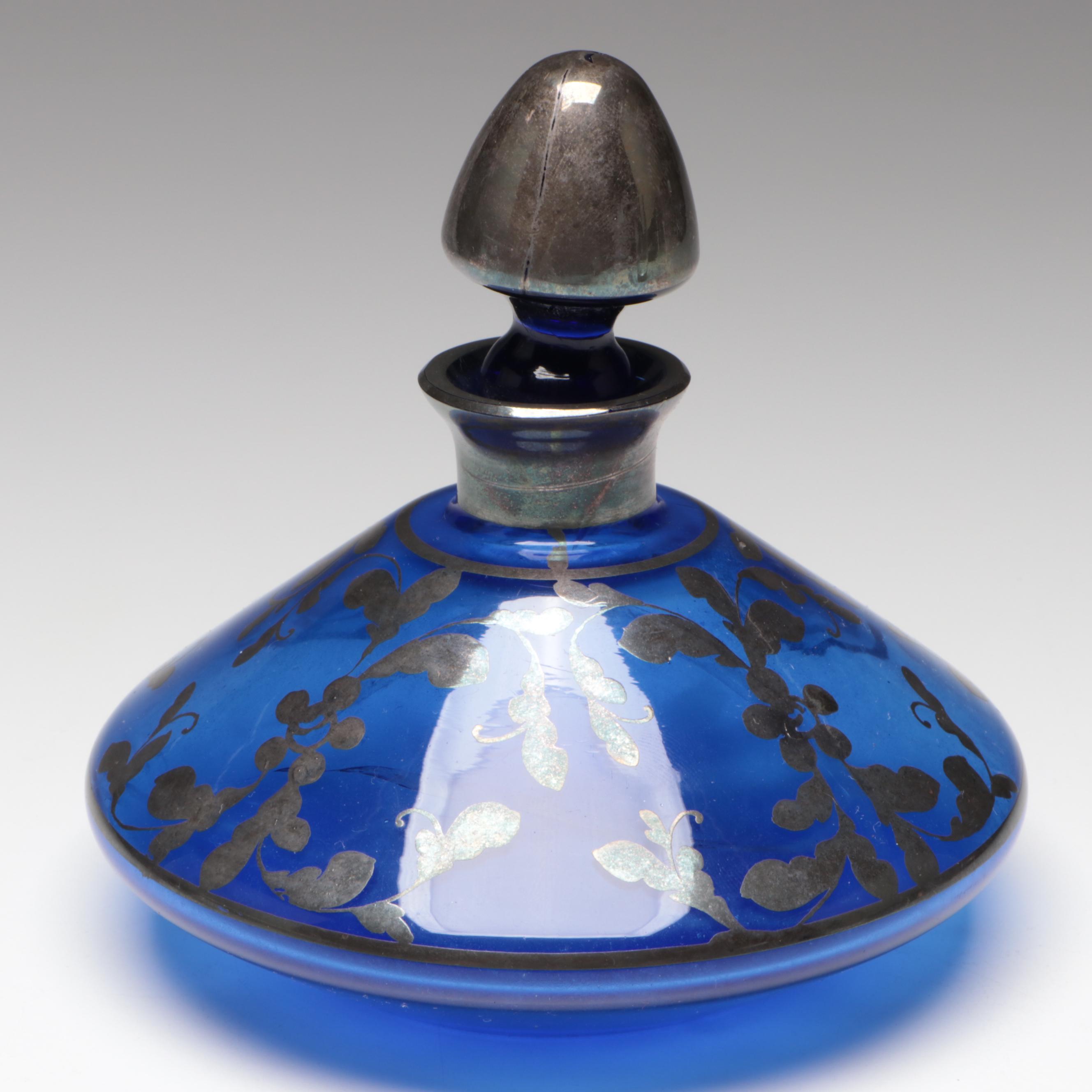 Wheel Etched Glass Vase with Silver Overlay Cobalt Glass Perfume Bottle