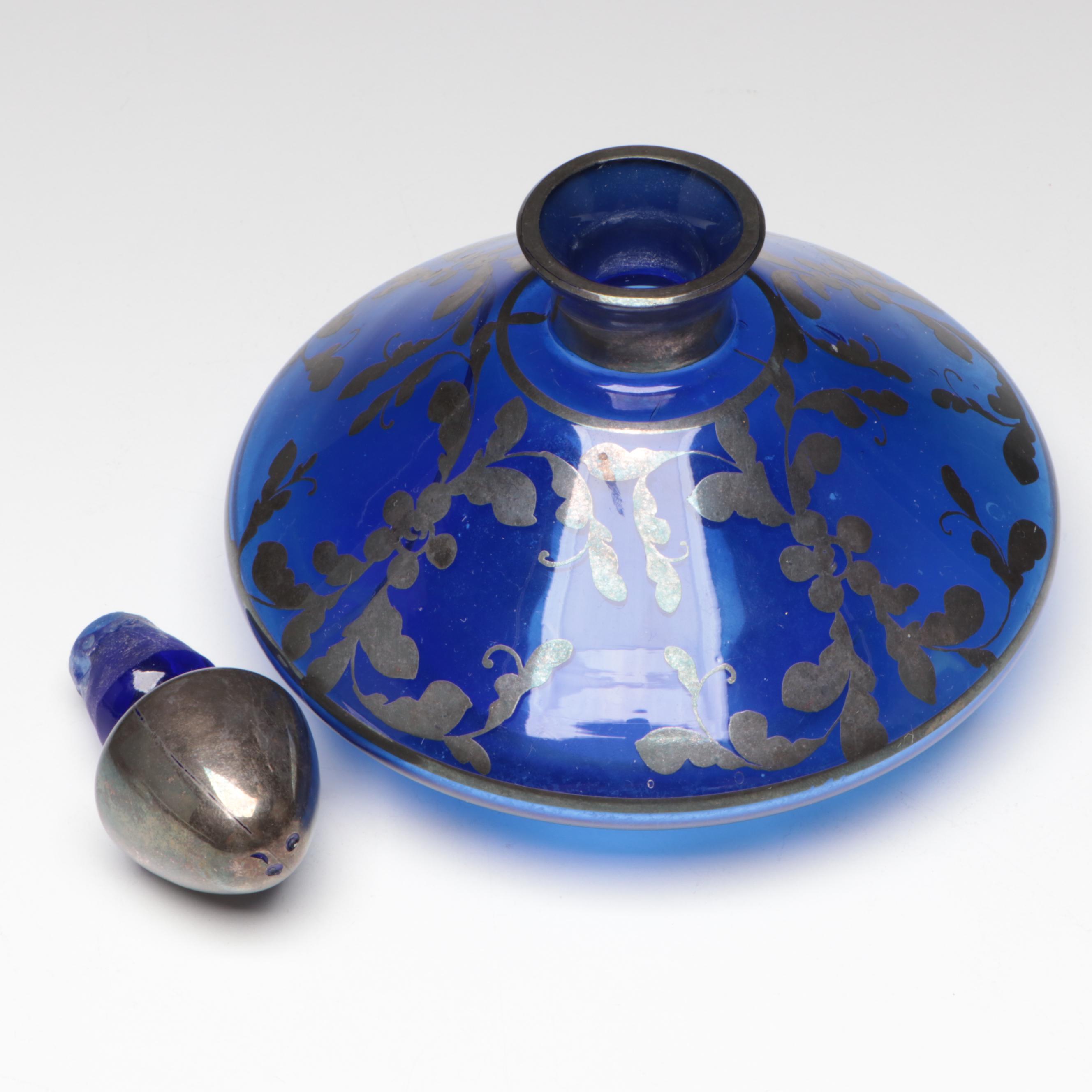 Wheel Etched Glass Vase with Silver Overlay Cobalt Glass Perfume Bottle