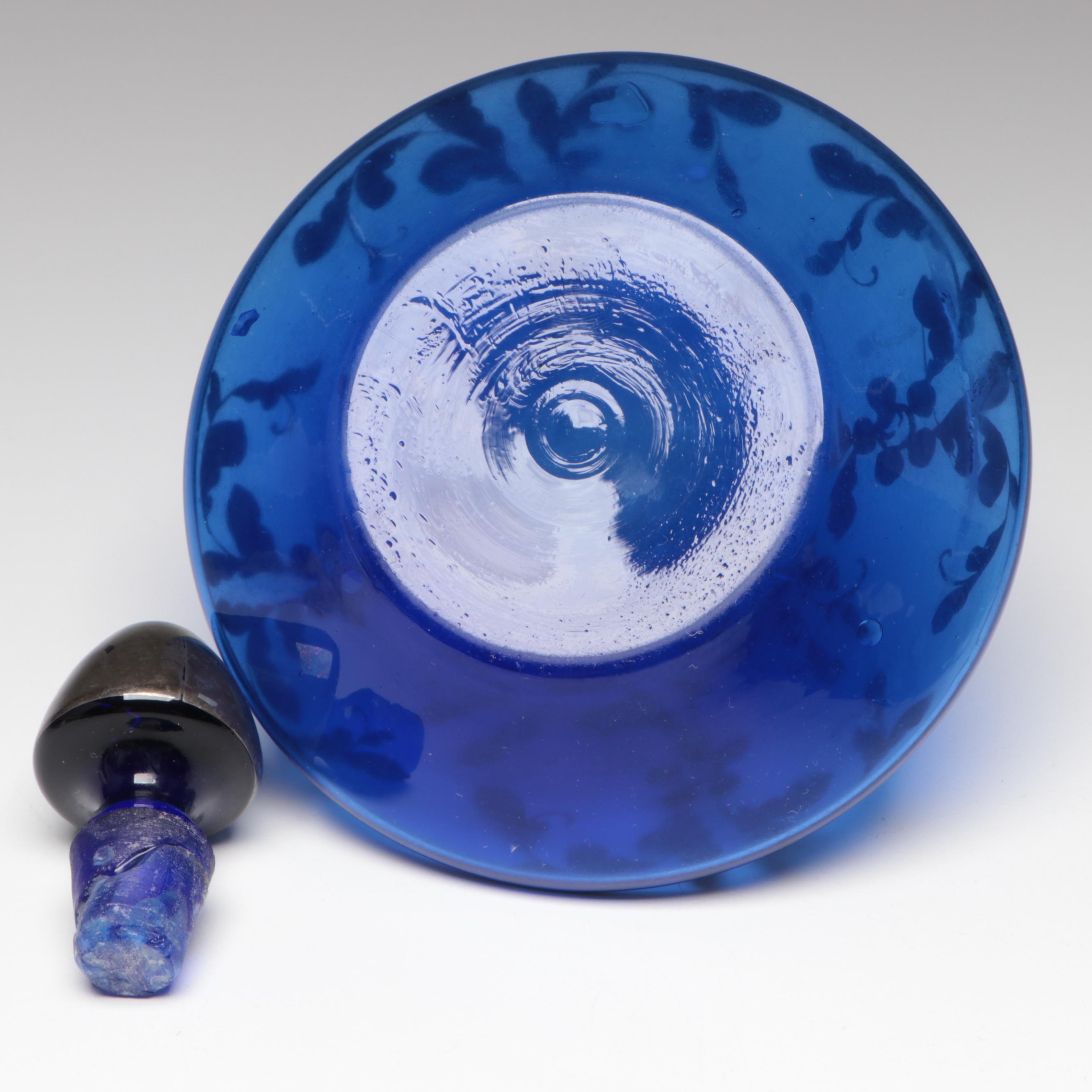 Wheel Etched Glass Vase with Silver Overlay Cobalt Glass Perfume Bottle