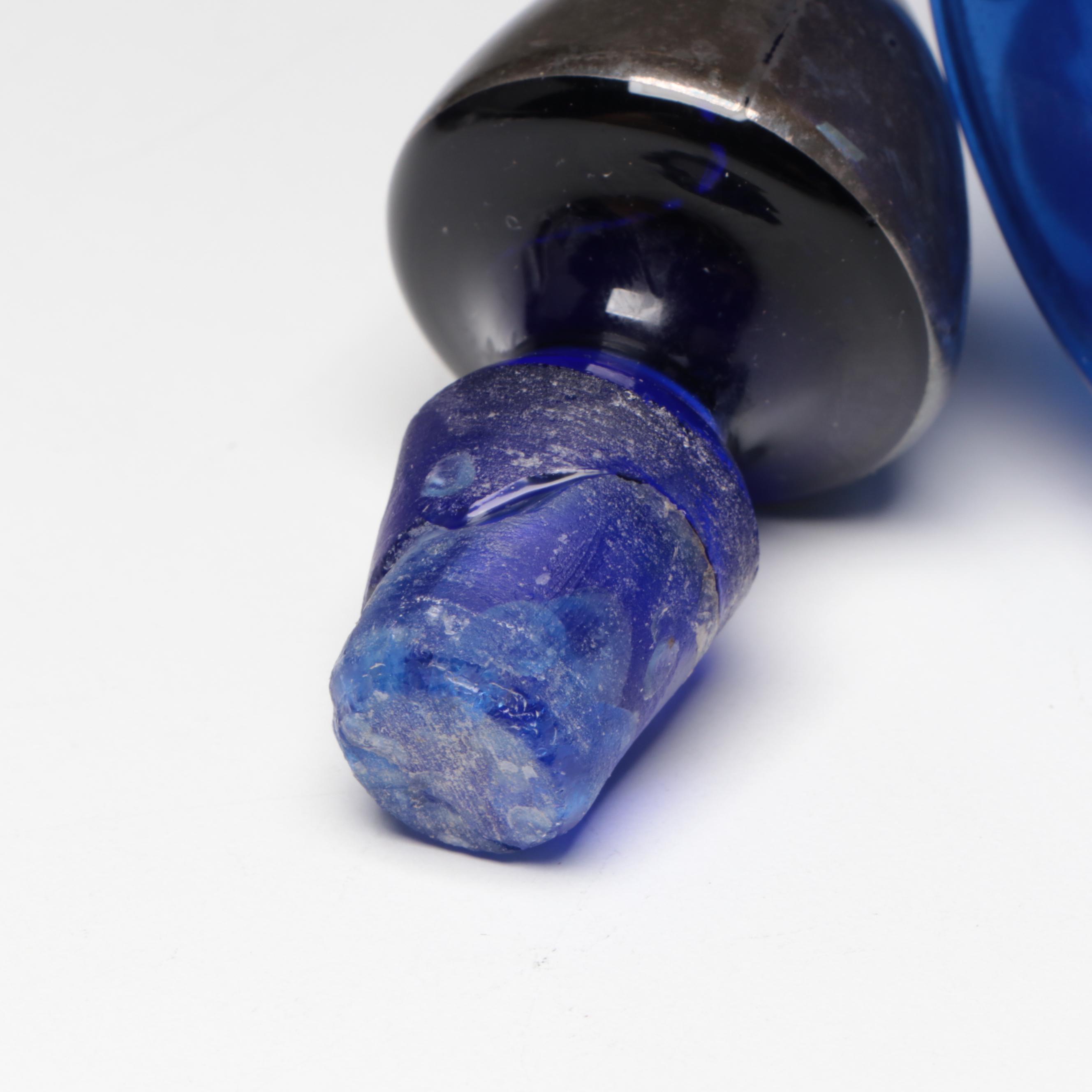 Wheel Etched Glass Vase with Silver Overlay Cobalt Glass Perfume Bottle