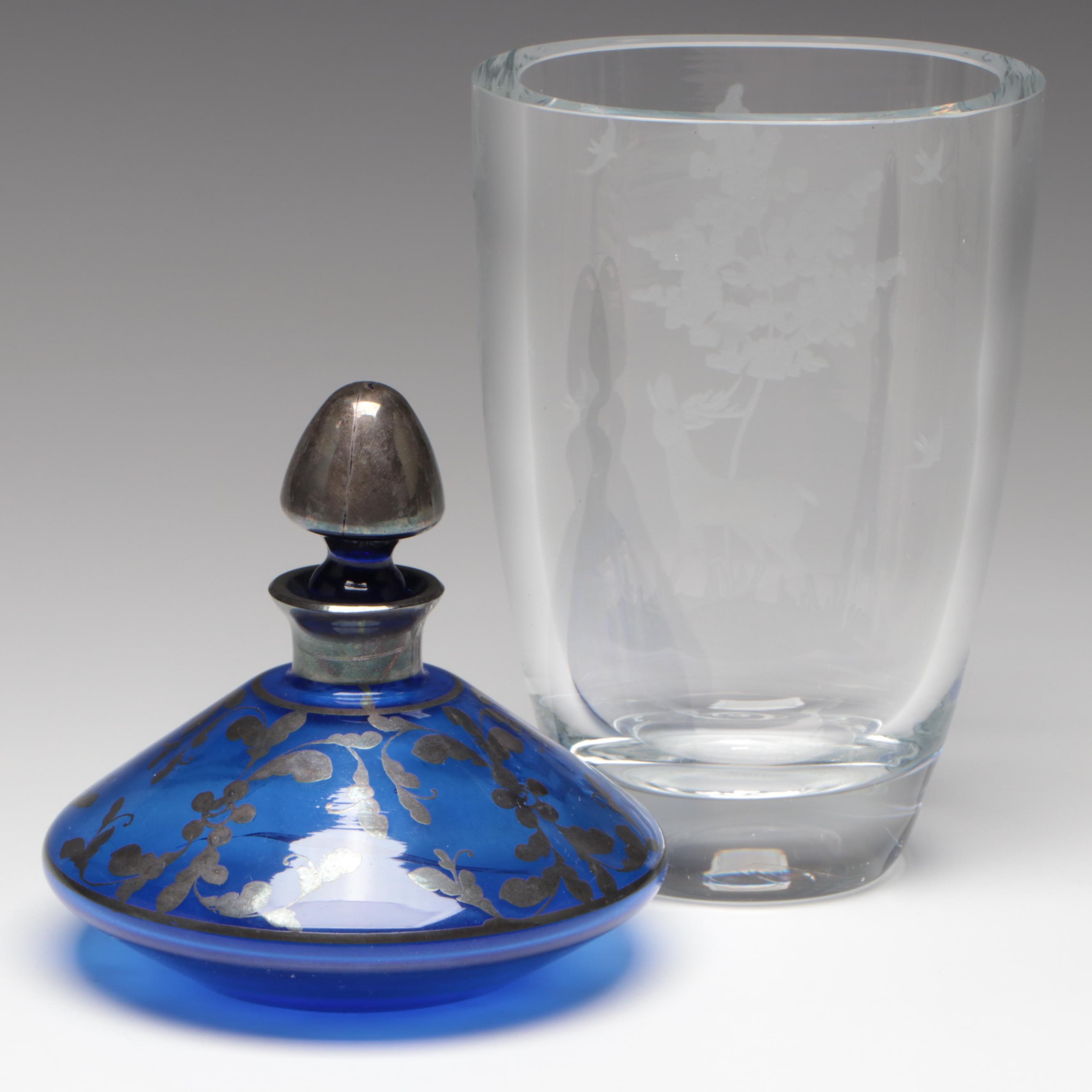 Wheel Etched Glass Vase with Silver Overlay Cobalt Glass Perfume Bottle
